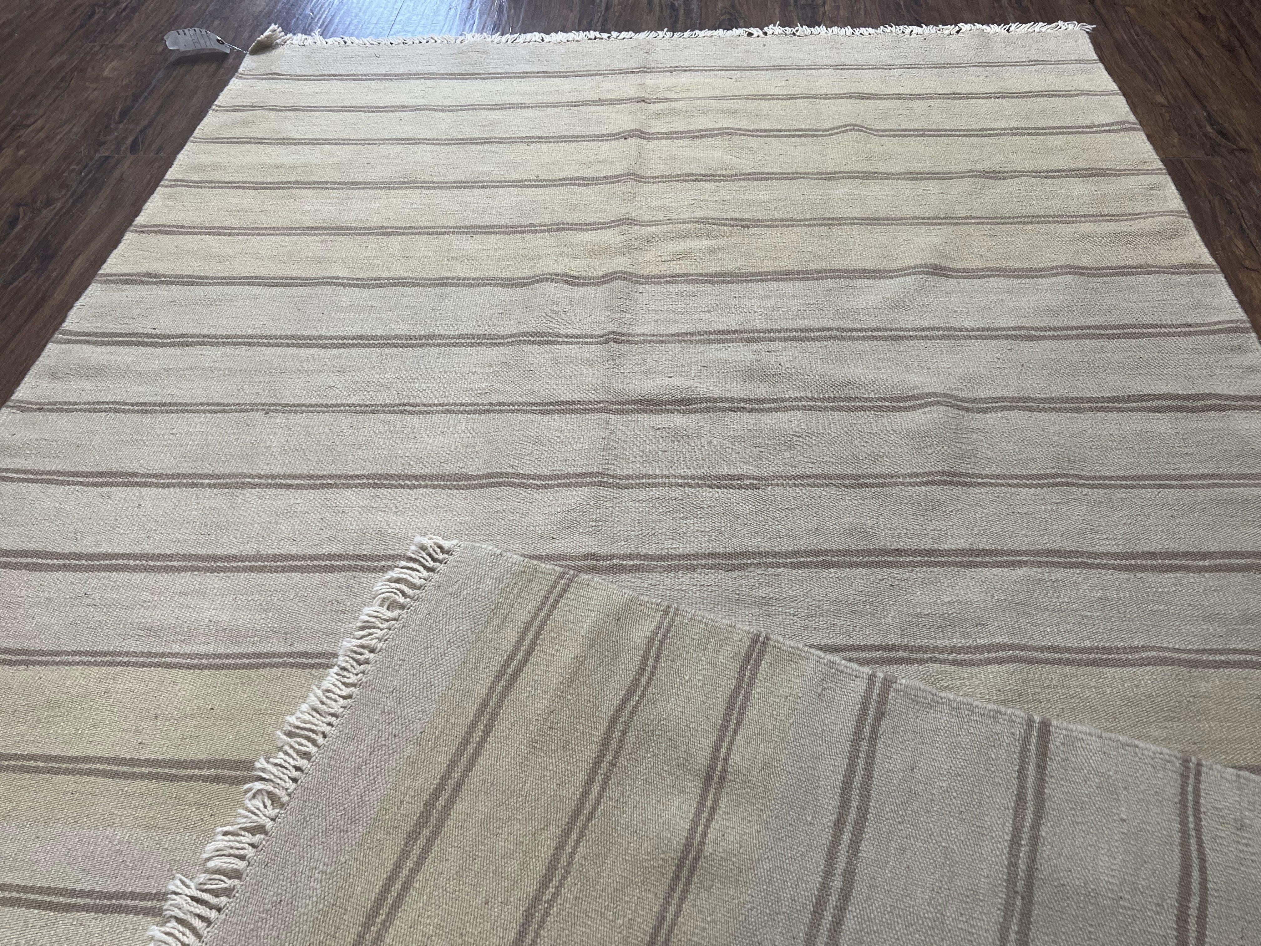 New Turkish Kilim Rug 5x8 Flatweave Carpet, Bohemian Rug, Contemporary Rug, Hand Woven, Wool Area Rug, Gray and Taupe, Striped Pattern