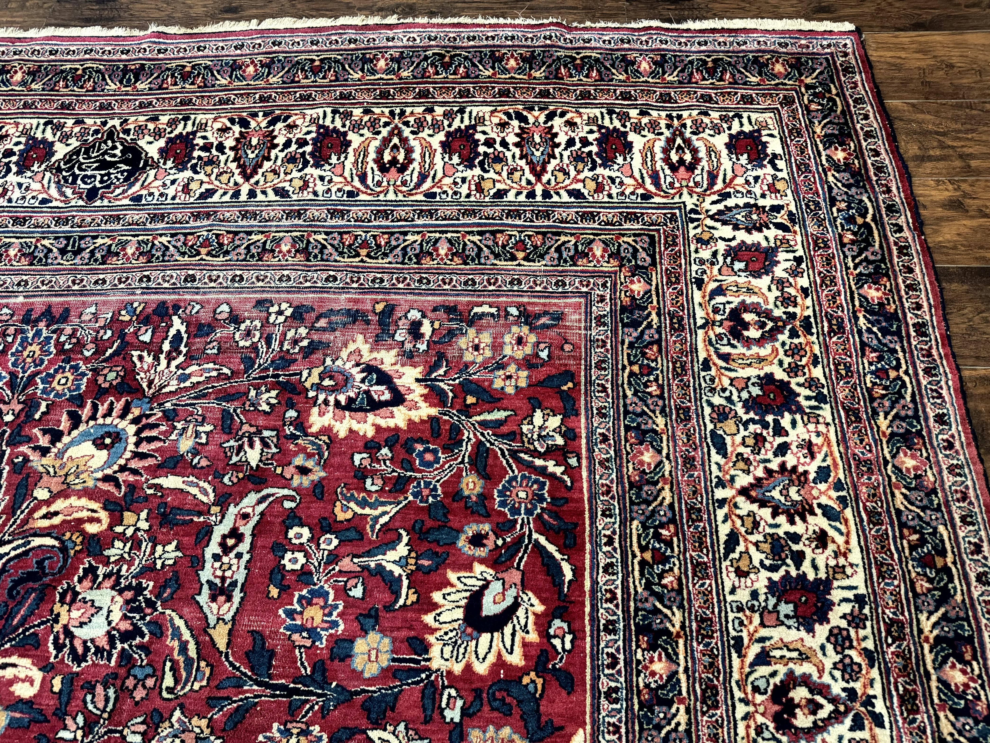 Antique Persian Mashad Rug 10x12, Red and Ivory, Signed by Master Weaver