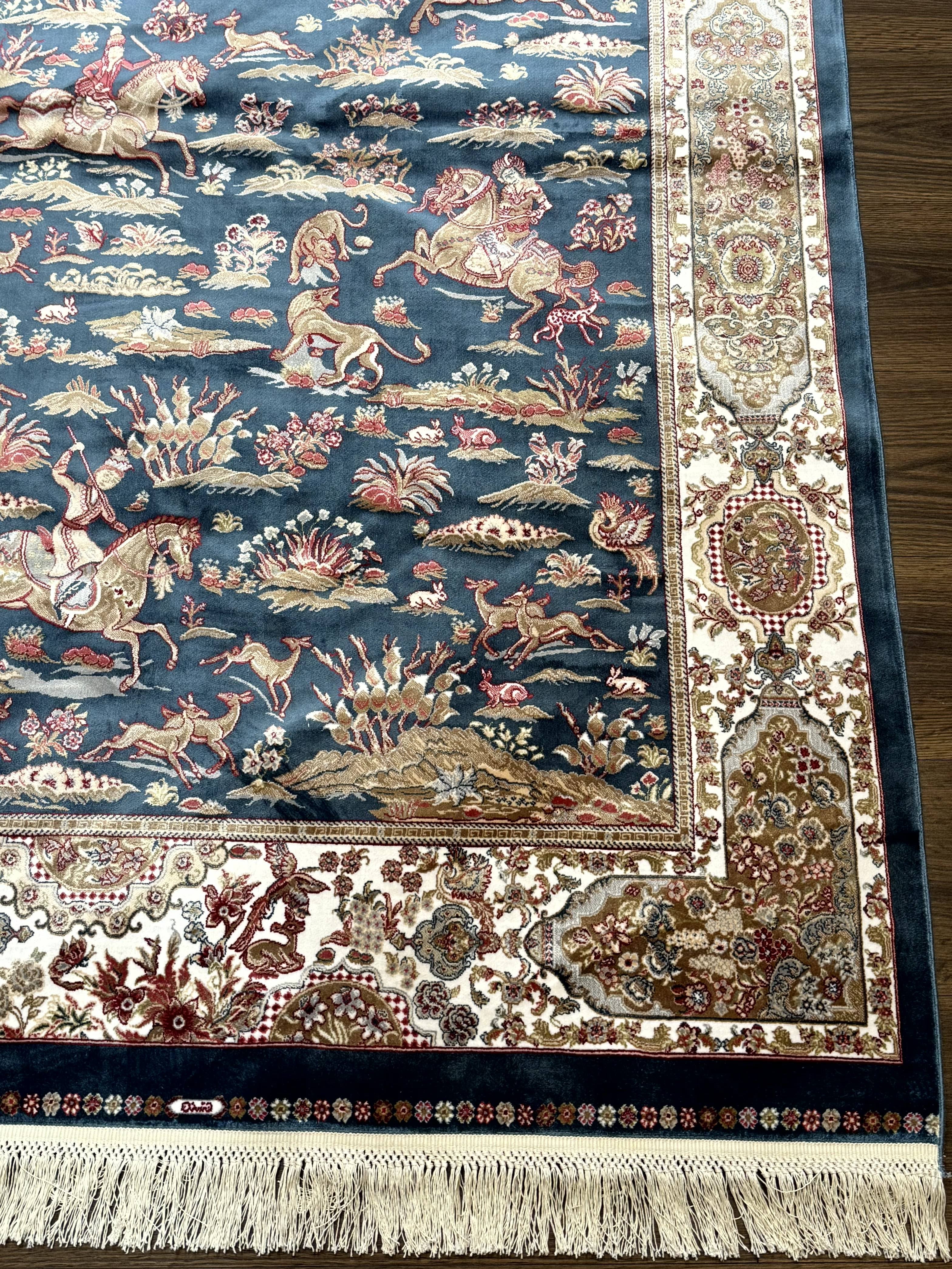 Turkish Silk Hunting Design Rug 4x6, Dark Steel Blue & Ivory, Bamboo Silk, New