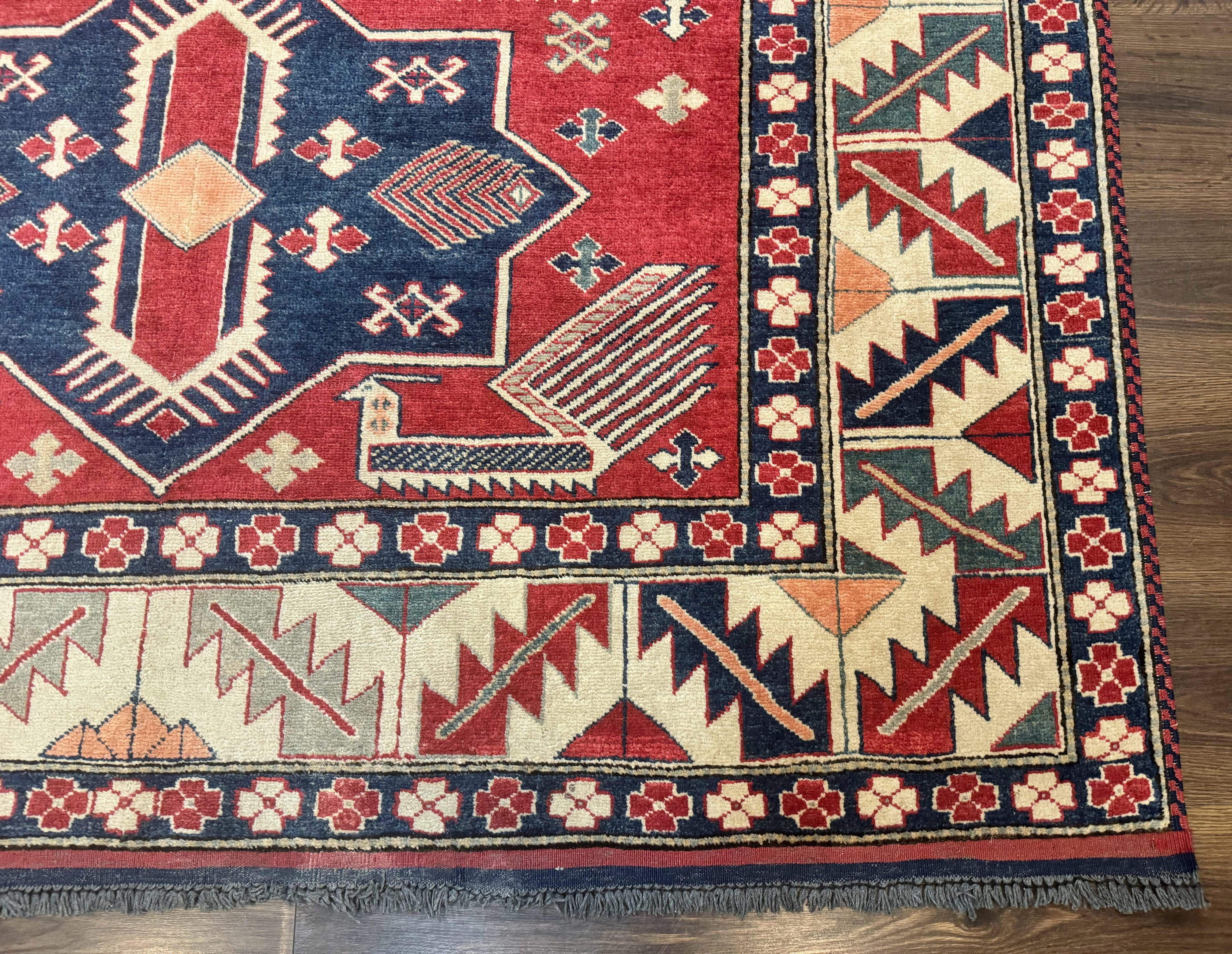 Turkish Kazak Rug 6x8, Caucasian Design, Geometric Medallions, Red Blue Beige