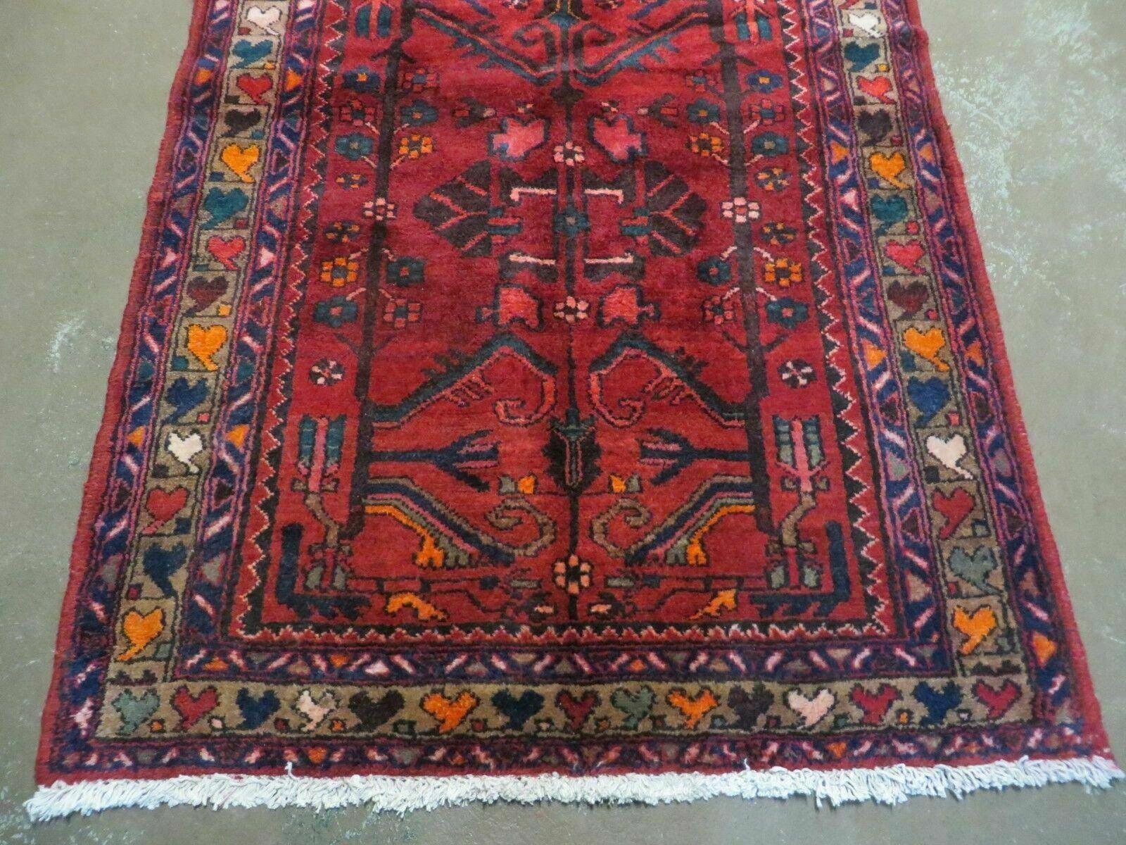 Antique Persian Hamadan Runner 3.4 x 9.7 -  Wool, Red and Navy Blue