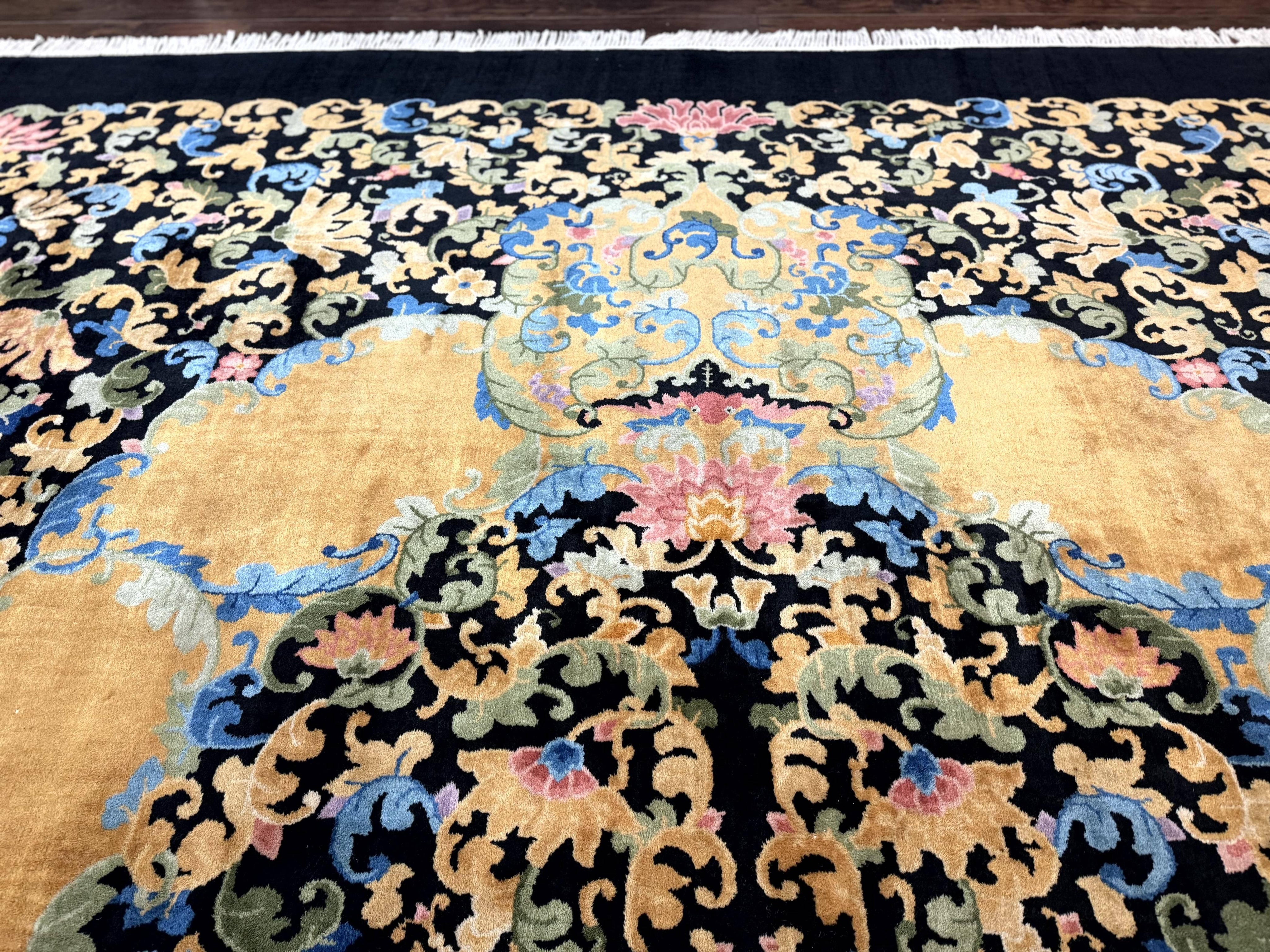 Antique Chinese Peking Rug 12.6 x 14.9, Palace Size Asian Oriental Carpet, Art Deco Rug, Rare