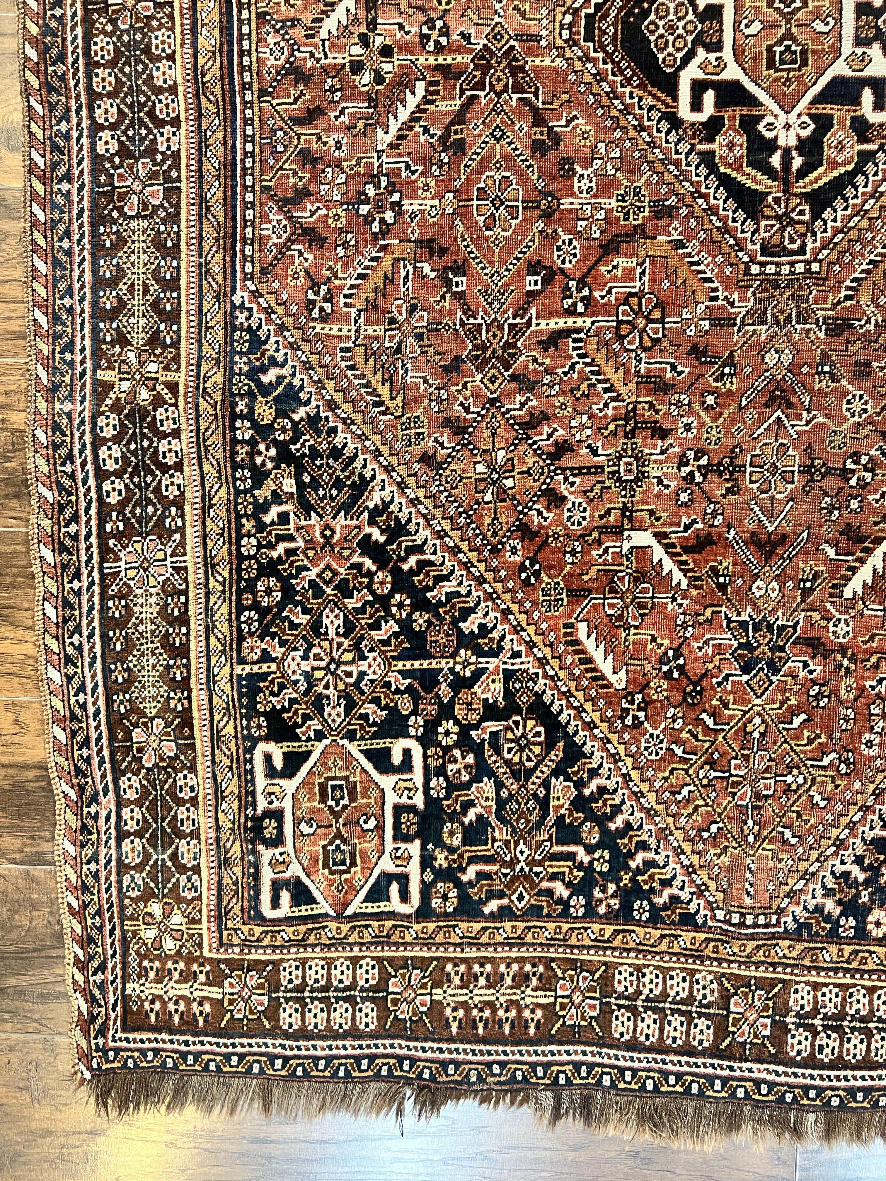 Antique Persian Shiraz Tribal Rug 6x8, Geometric Rug, Wool Handmade Hand Knotted Carpet, Red Blue