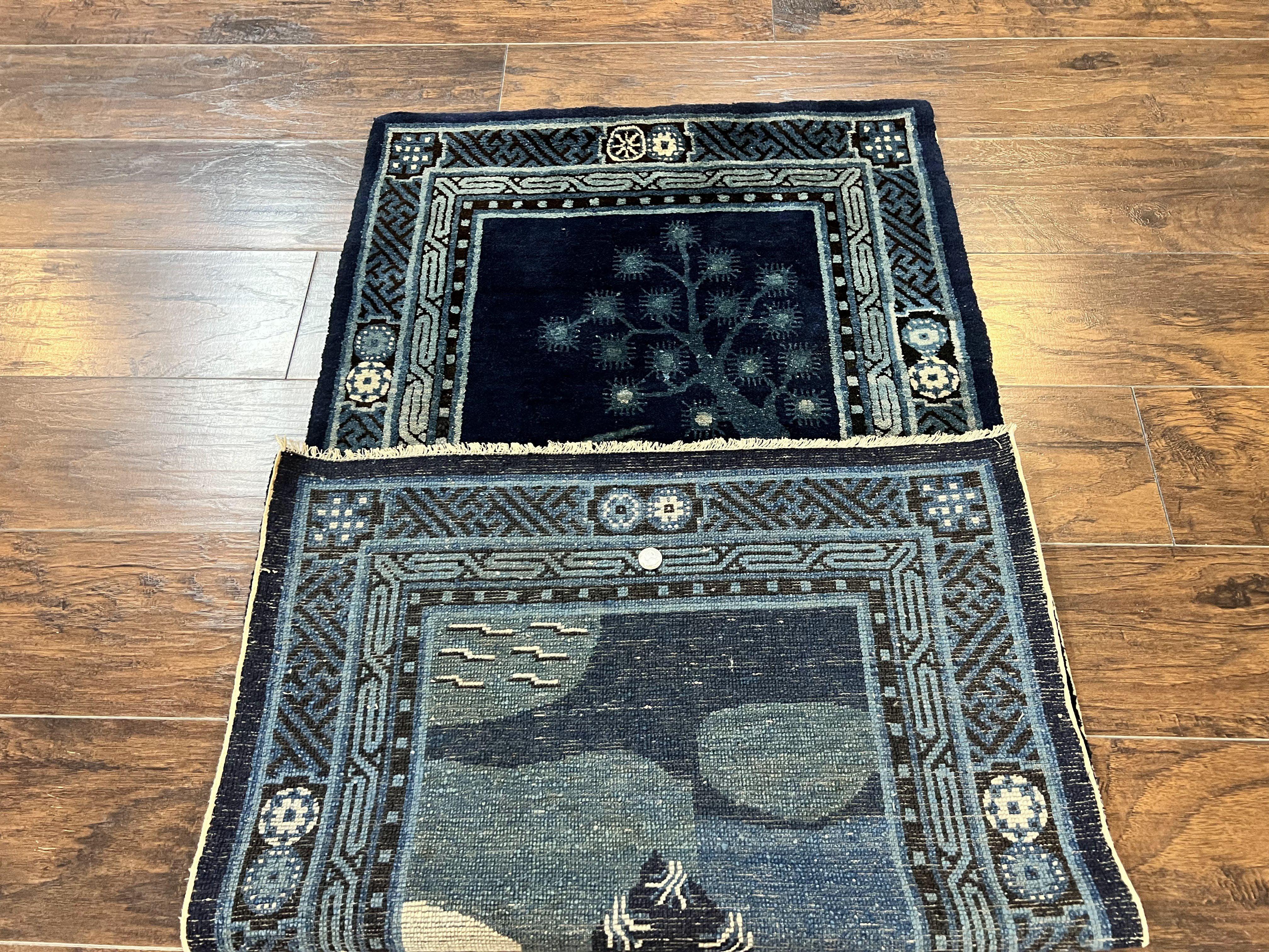 Antique Chinese Peking Rug 3x5, Dark Blue Chinese Wool Rug 3 x 5, Animal Pictorials Deer Birds, Handmade Asian Oriental Chinese Carpet