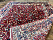 Signed Persian Mashad Rug 8x10, Wool Oriental Carpet, Semi Antique Rug, Hand Knotted, Traditional, Red, Floral Allover,