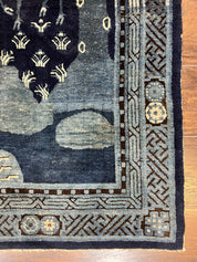 Antique Chinese Peking Rug 3x5, Dark Blue Chinese Wool Rug 3 x 5, Animal Pictorials Deer Birds, Handmade Asian Oriental Chinese Carpet