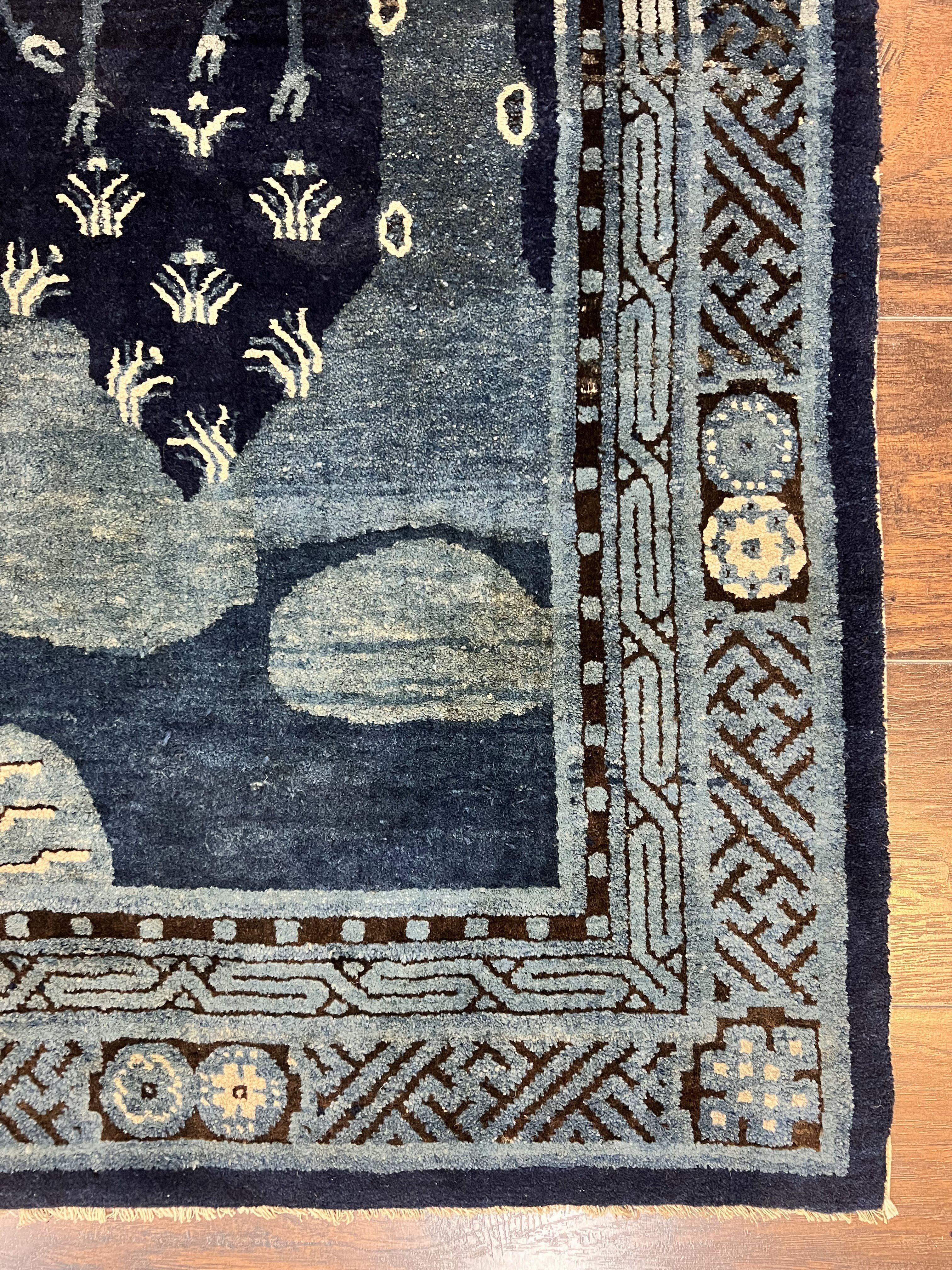 Antique Chinese Peking Rug 3x5, Dark Blue Chinese Wool Rug 3 x 5, Animal Pictorials Deer Birds, Handmade Asian Oriental Chinese Carpet