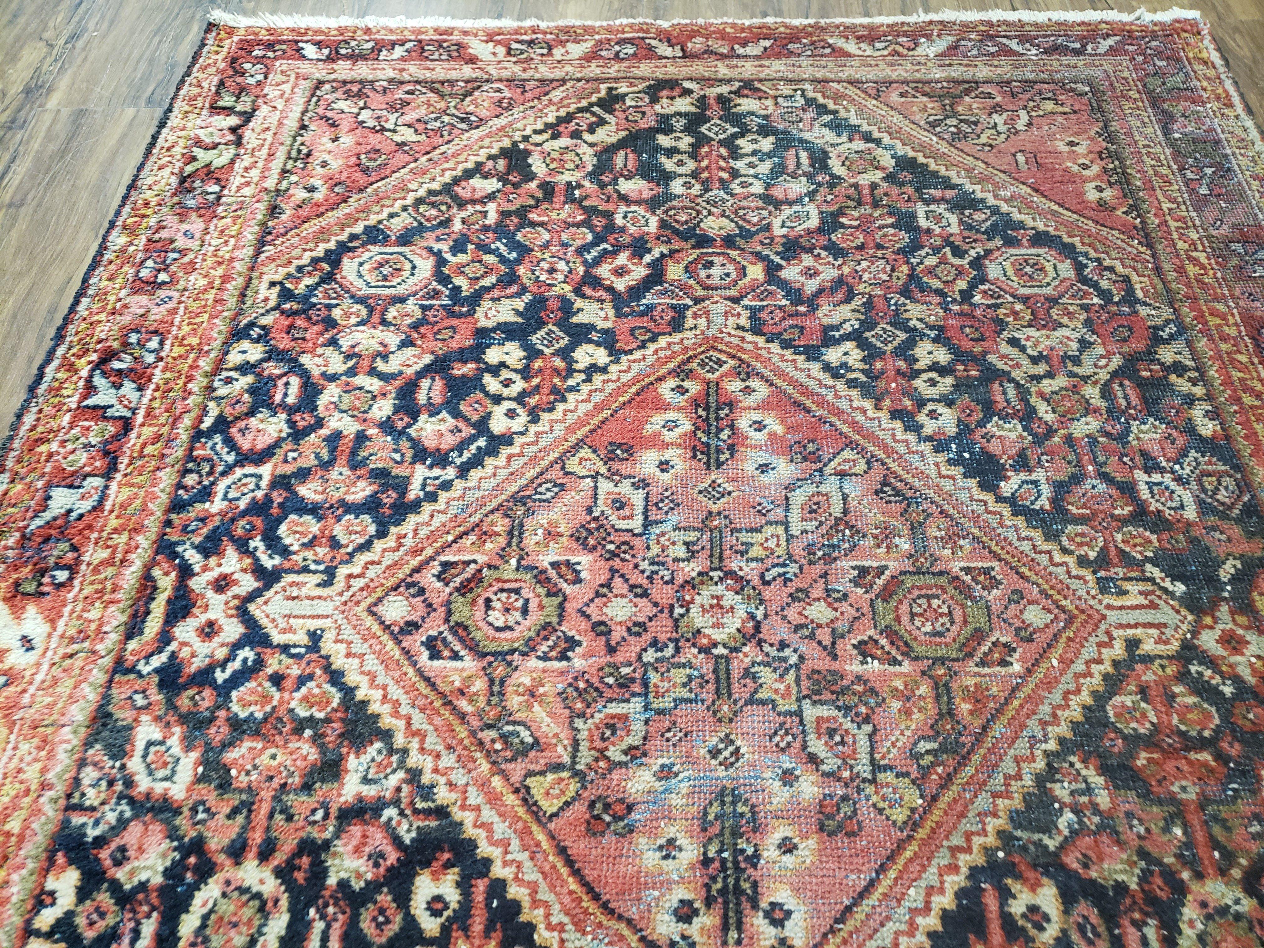 Antique Persian Mahal Area Rug 4.4 x 6.6, Wool Hand-Knotted Shabby Chic Oriental Rug, Red Black 1930s Foyer Room Carpet, Low Pile Boho Rug