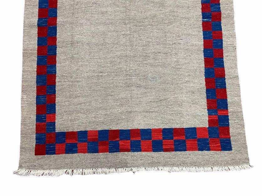 5' 7" x 7' 9" Geometric Kilim Carpet, Gray, Handmade, Hand-Knotted Area Rug, Blue & Red, Flatweave, Wool, New, Checkerboard Pattern
