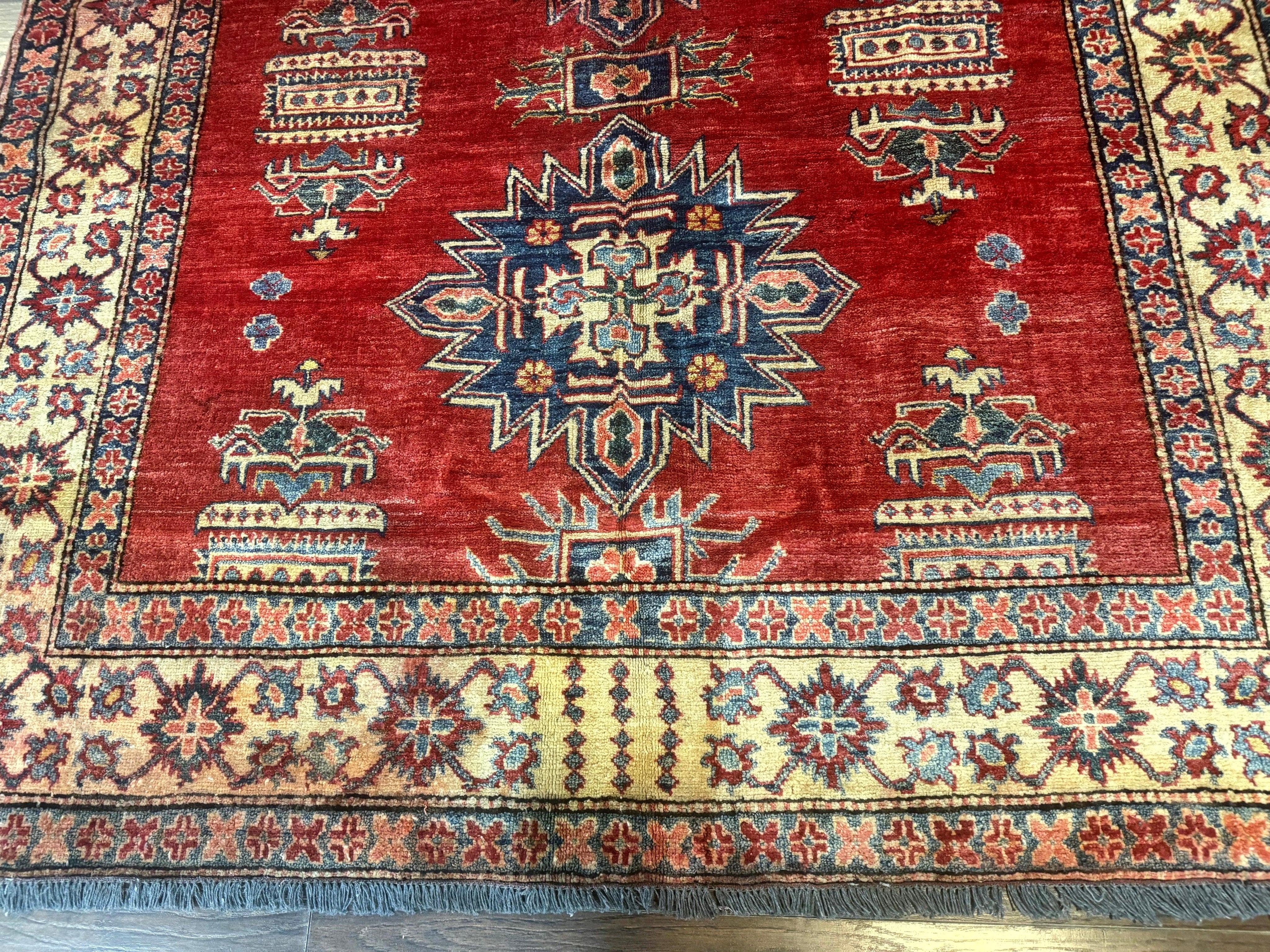 Square Turkish Rug 6x6, Azerbaijani Azeri Turkish Armenian Rug, Red Tan Blue, Geometric, Wool Carpet