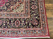 Persian Rug 10x13, Wool Hand Knotted Antique Kashmar Carpet, Raspberry Red & Navy Blue, Floral Medallion, Traditional Oriental Rug 10 x 13