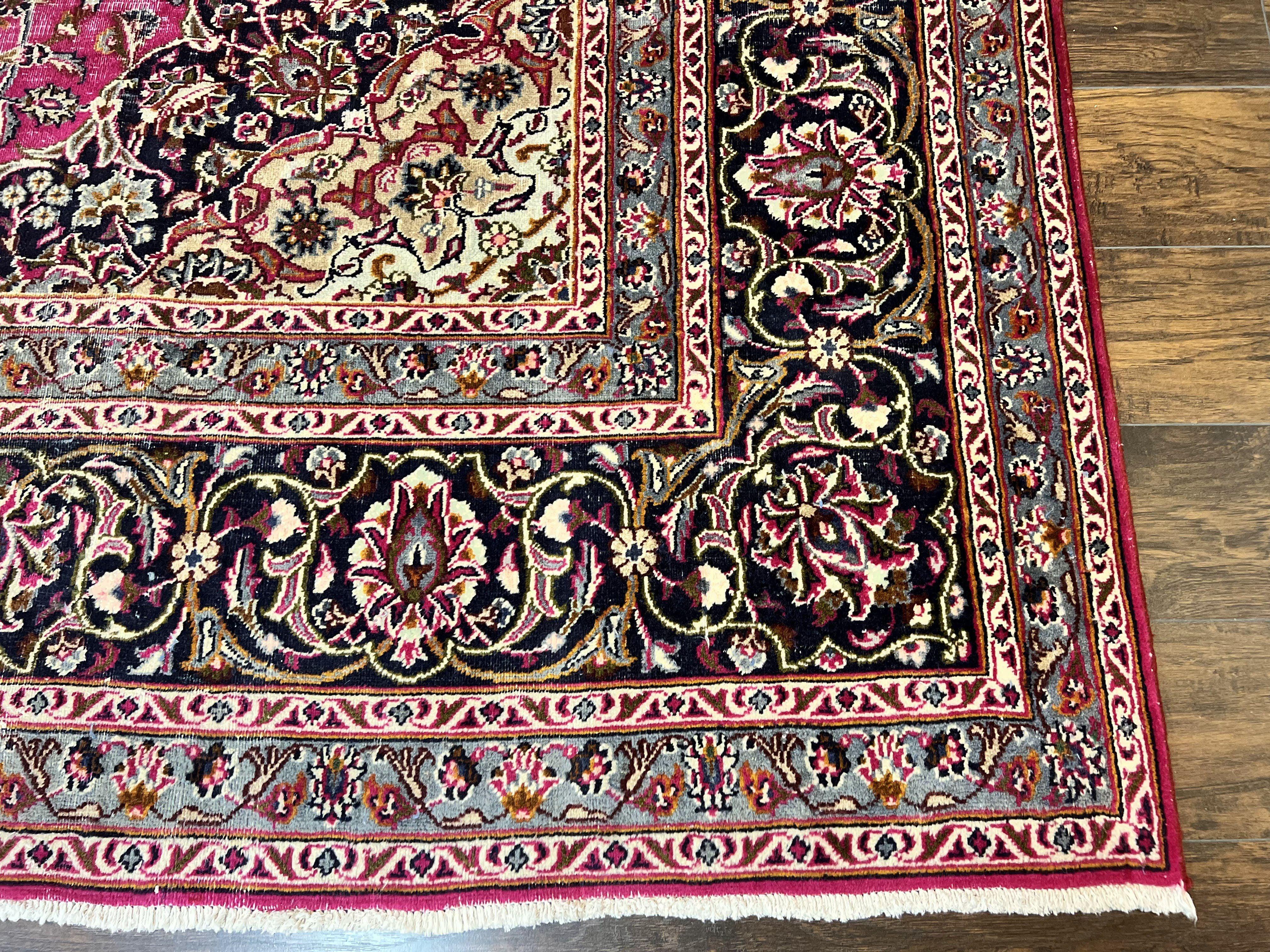 Persian Rug 10x13, Wool Hand Knotted Antique Kashmar Carpet, Raspberry Red & Navy Blue, Floral Medallion, Traditional Oriental Rug 10 x 13
