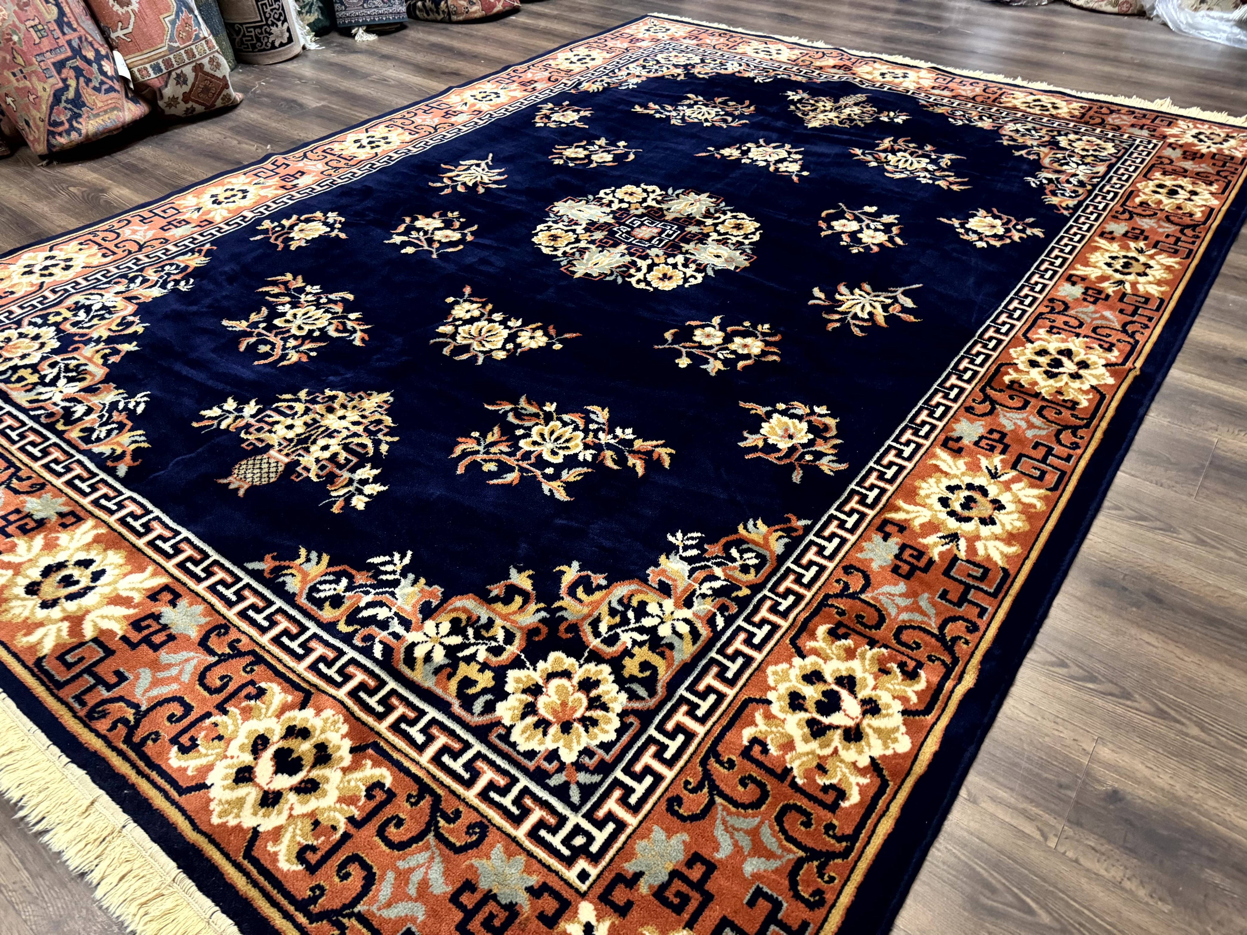Chinese Wool Rug 8x11, Navy Blue and Terracotta, Floral, Couristan Belgium Power Loomed Carpet