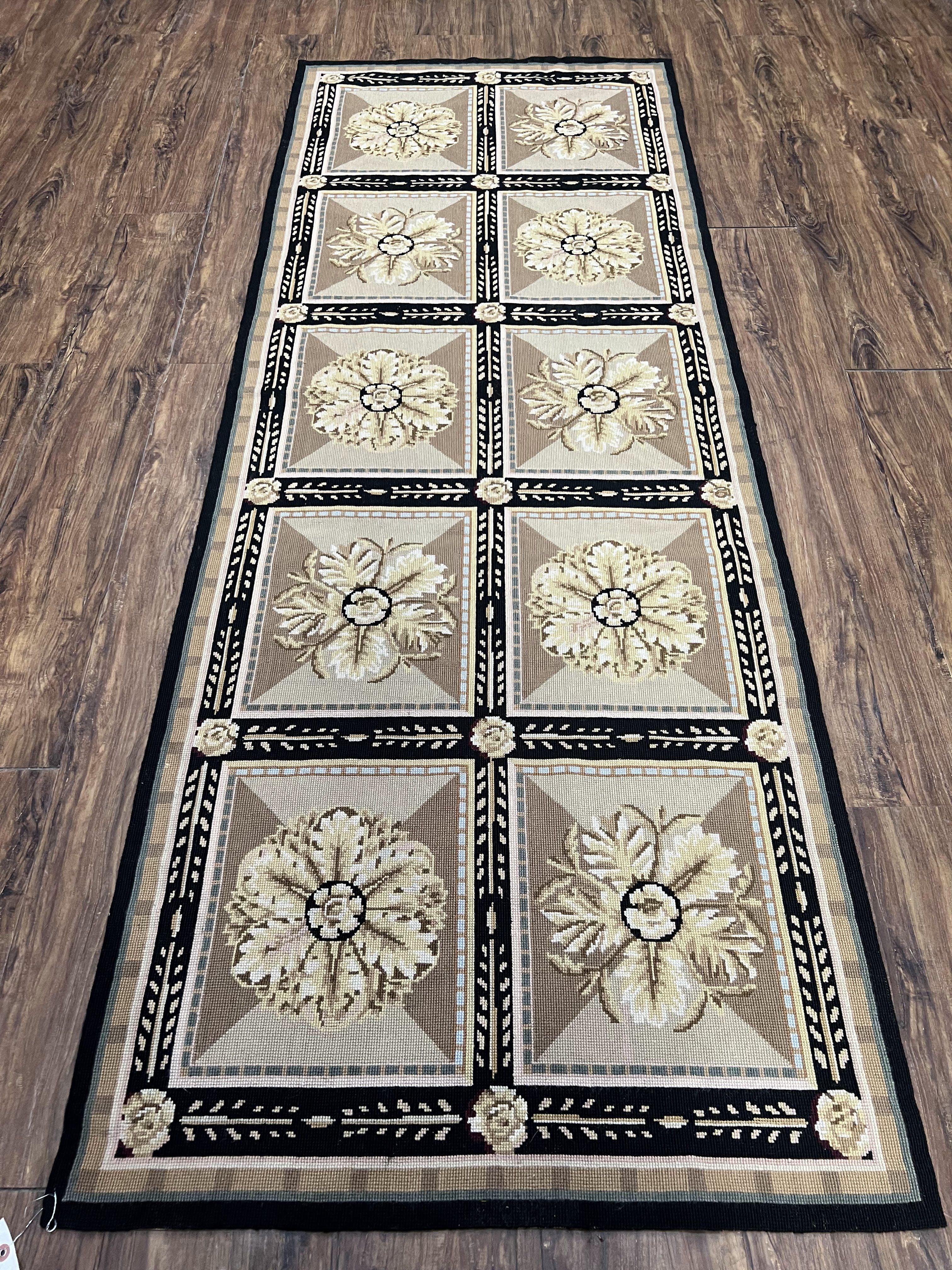 Needlepoint Runner Rug 3x8 Panel Design Rug, Flatweave Runner Rug, English Design, Floral, Short Runner Rug, Black and Beige Wool Hand-Woven