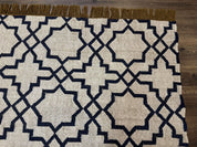 Indian Kilim Rug 8x10, Oat and Navy Blue, Dhurrie Carpet, Handmade, Wool