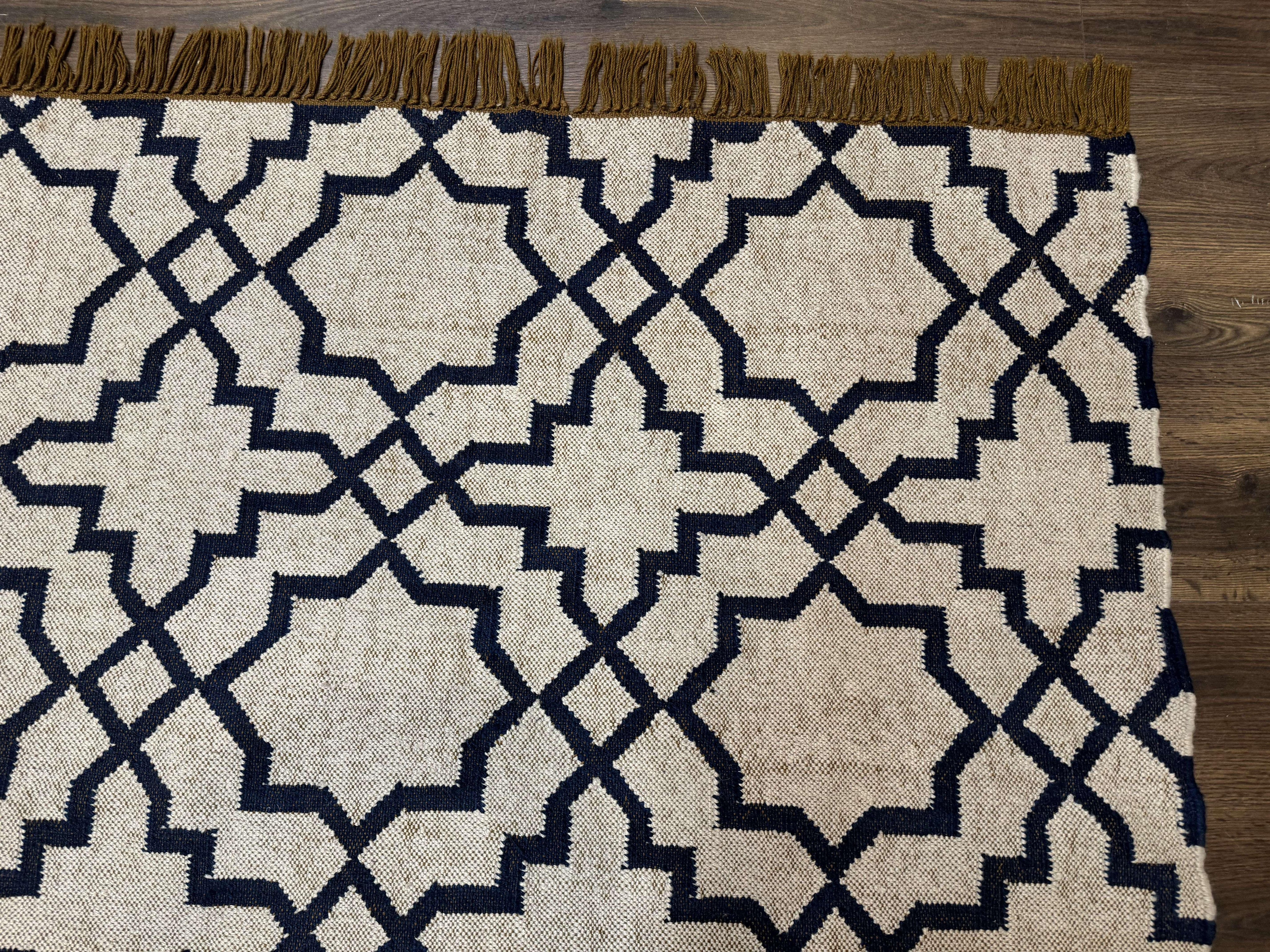 Indian Kilim Rug 8x10, Oat and Navy Blue, Dhurrie Carpet, Handmade, Wool