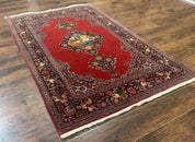 Red Persian Kashan Rug 4x6, Very Fine 260 KPSI, Red and Navy Blue Persian Carpet, Semi Open Field