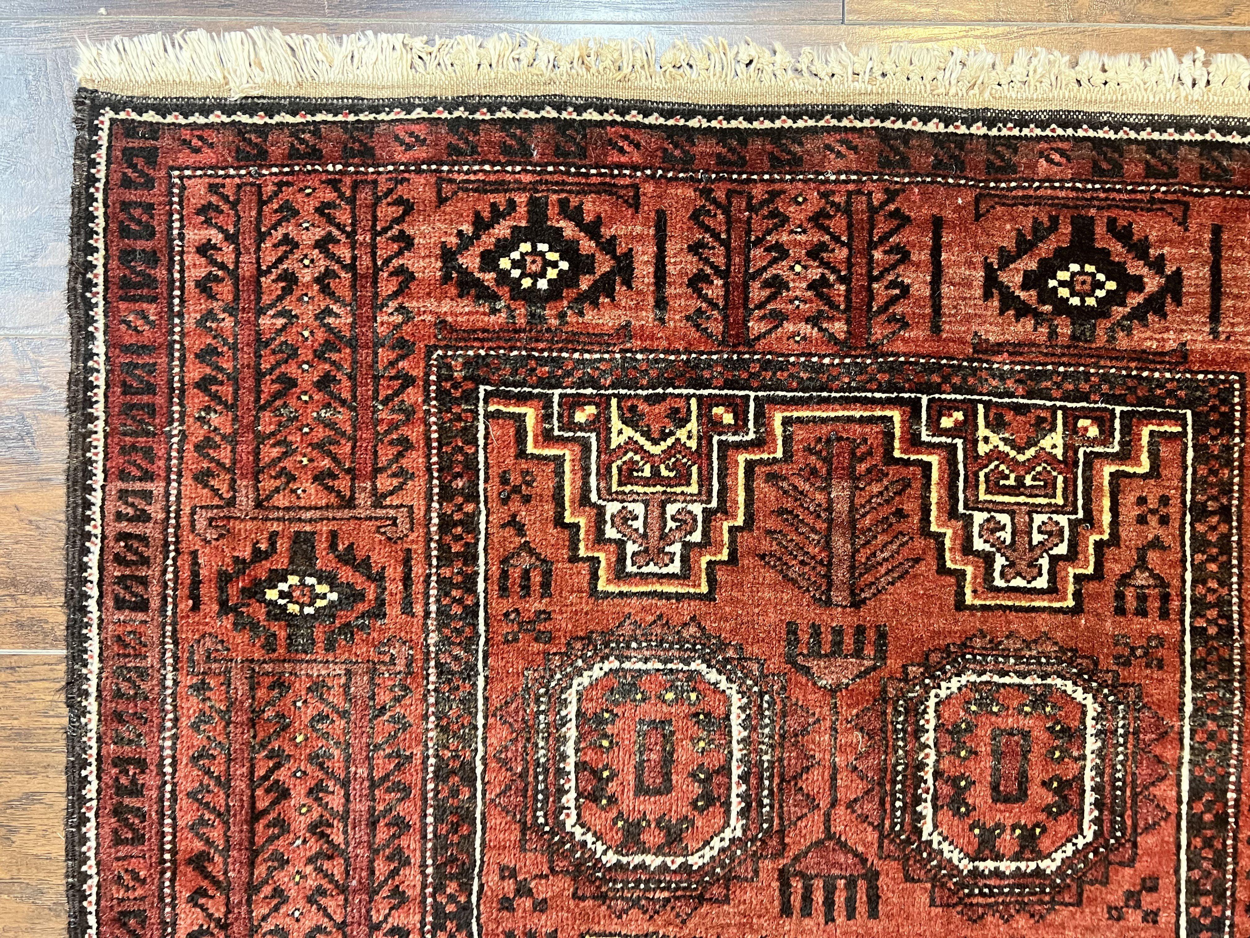 Antique Persian Turkoman Rug 3x6, Wool Tribal Handmade Carpet, Red and Black