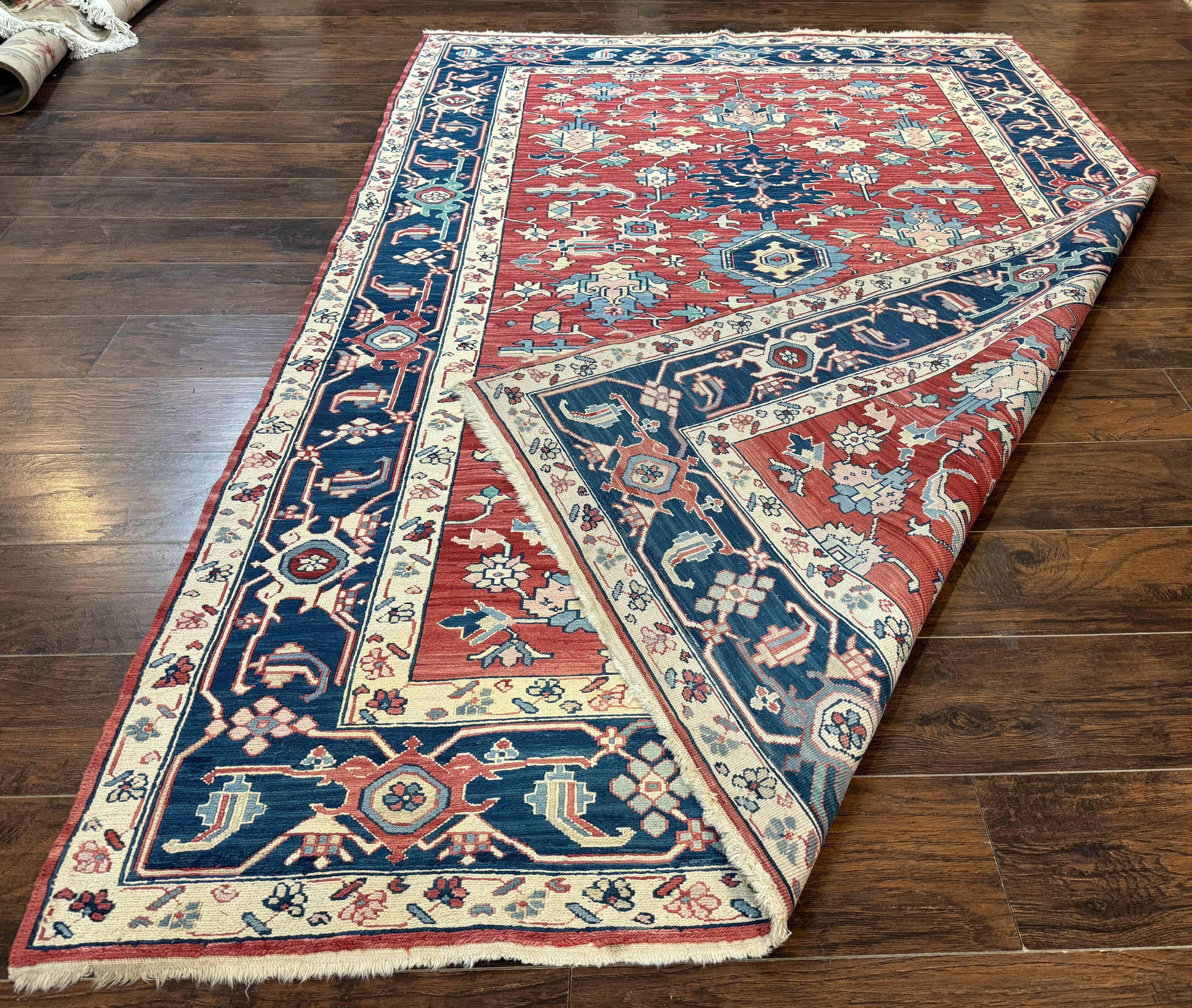 Turkish Flatweave Rug 6x9, Heriz Design, Red and Blue