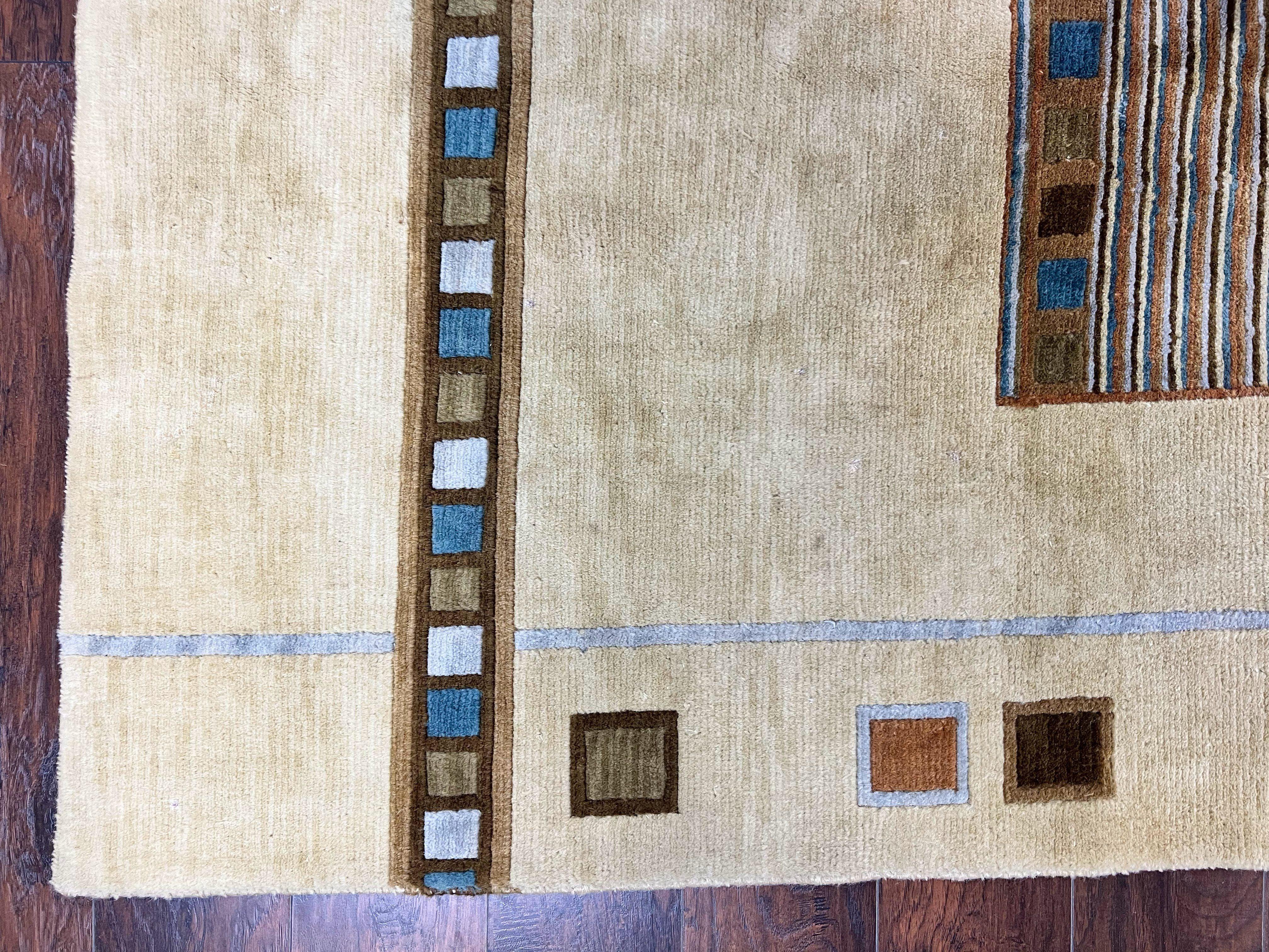 Tibetan Rug 5x8, Contemporary Rug 5 x 8 ft, Cream Brown Blue Hand-Knotted Wool w/ Silk Highlights Tibetan Carpet, Modern Rug