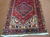 Persian Runner Rug, Heriz Runner Rug, Geometric Medallions, Red Cream Navy Blue Wool Hallway Rug 3.9 x 10.8 Antique Oriental Runner Handmade
