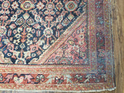 Antique Persian Mahal Area Rug 4.4 x 6.6, Wool Hand-Knotted Shabby Chic Oriental Rug, Red Black 1930s Foyer Room Carpet, Low Pile Boho Rug