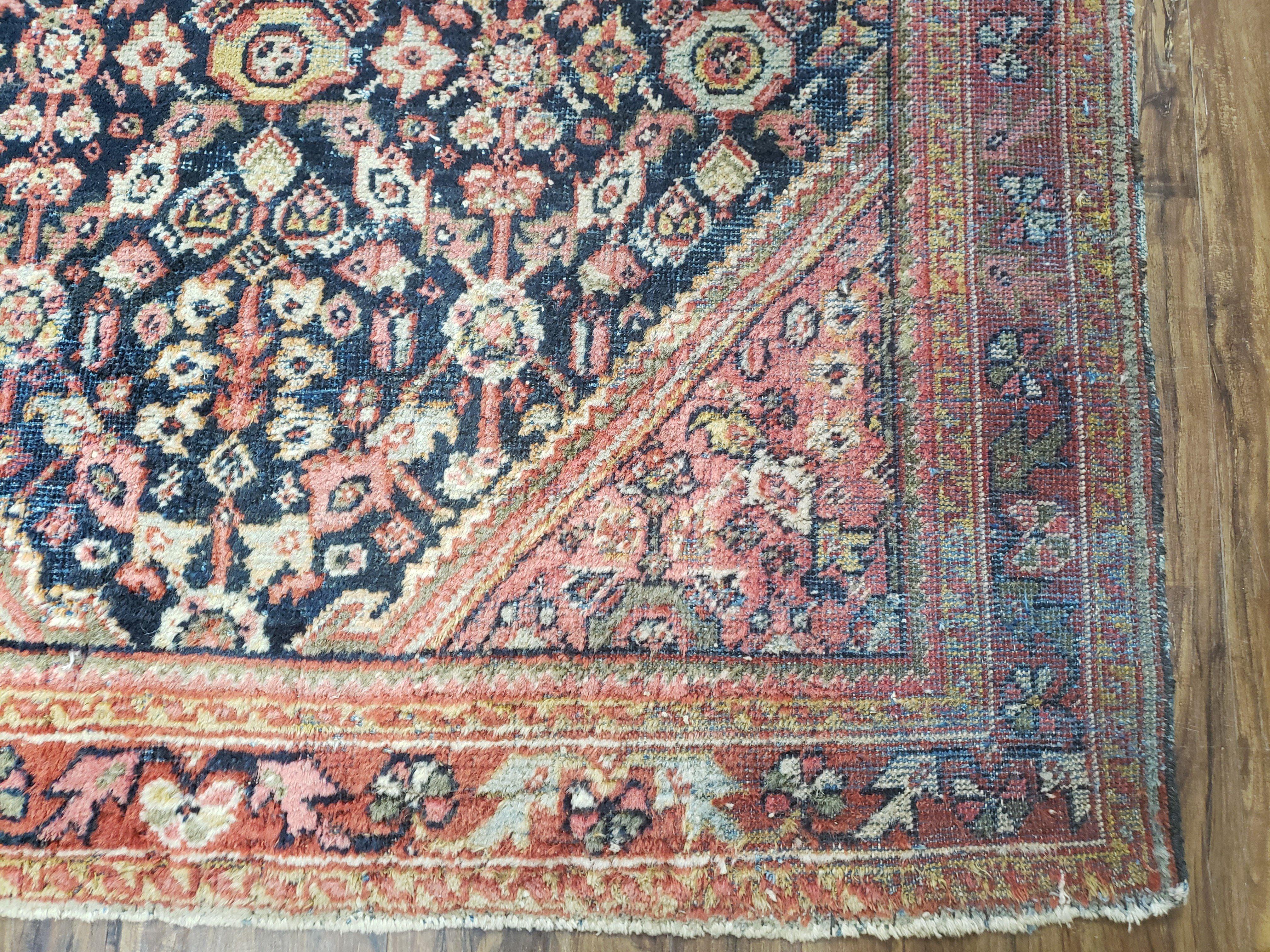 Antique Persian Mahal Area Rug 4.4 x 6.6, Wool Hand-Knotted Shabby Chic Oriental Rug, Red Black 1930s Foyer Room Carpet, Low Pile Boho Rug