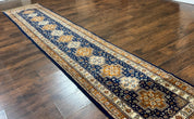 Indo Persian Runner Rug 2.6 x 12.7, Indian Kashmiri Runner for Hallway or Kitchen, Navy Blue, Geometric Medallions, Handmade Wool