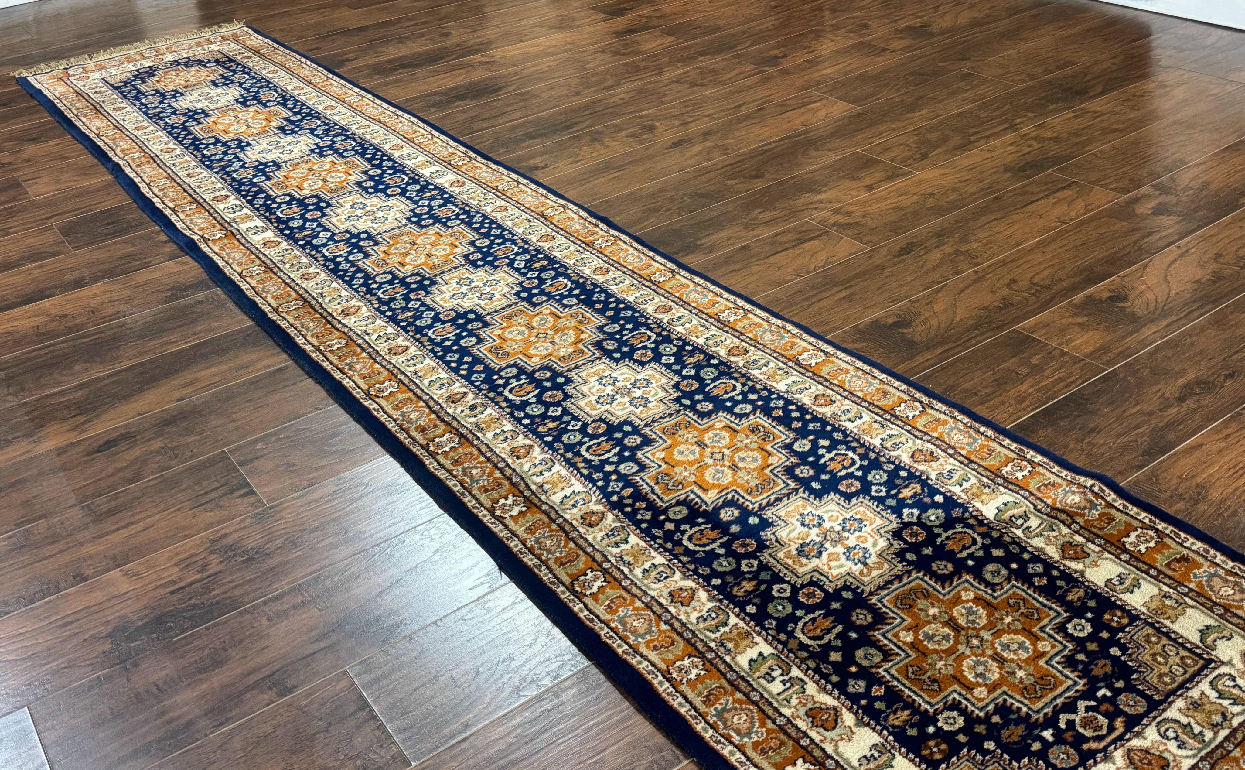 Indo Persian Runner Rug 2.6 x 12.7, Indian Kashmiri Runner for Hallway or Kitchen, Navy Blue, Geometric Medallions, Handmade Wool