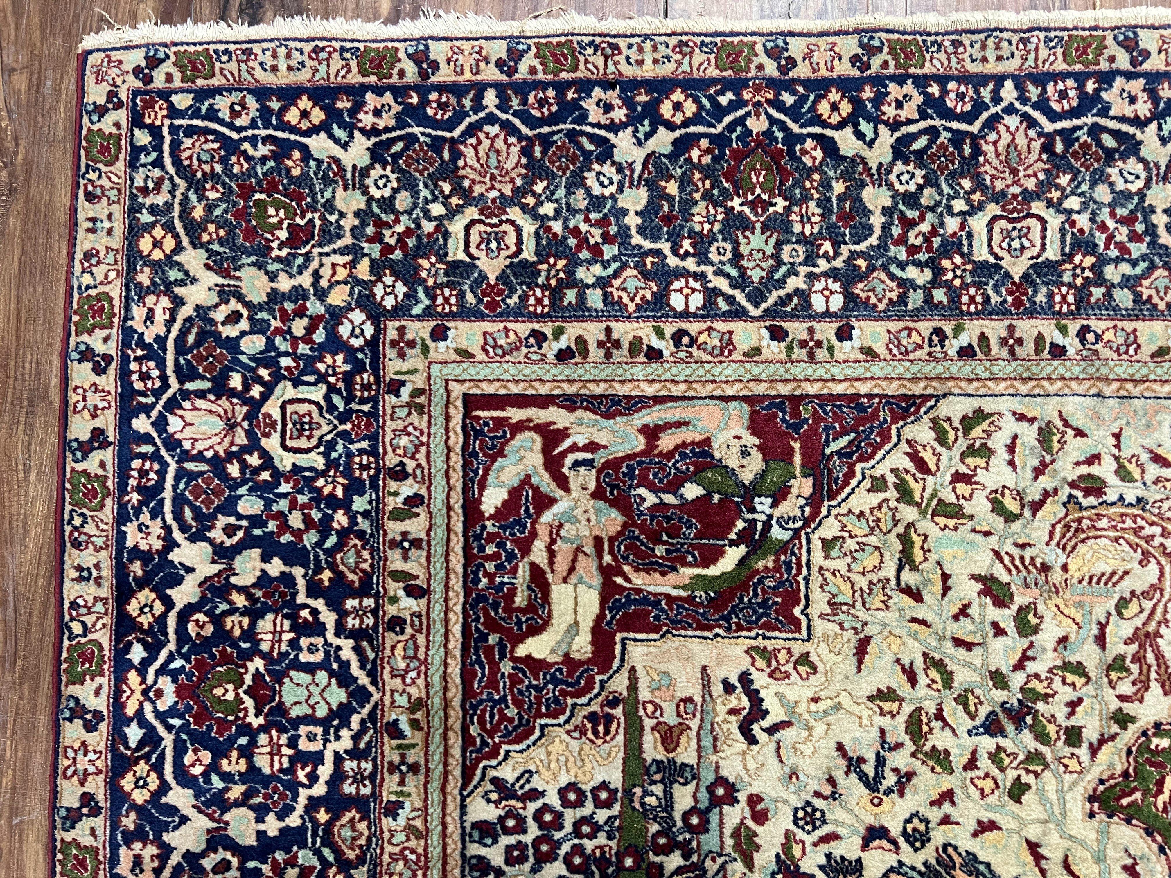 Rare Antique Indian Agra Rug, Early 20th Century Indian Carpet, Animal and Angel Motifs, Hunting Scene, Collectible Oriental Carpet, Wow