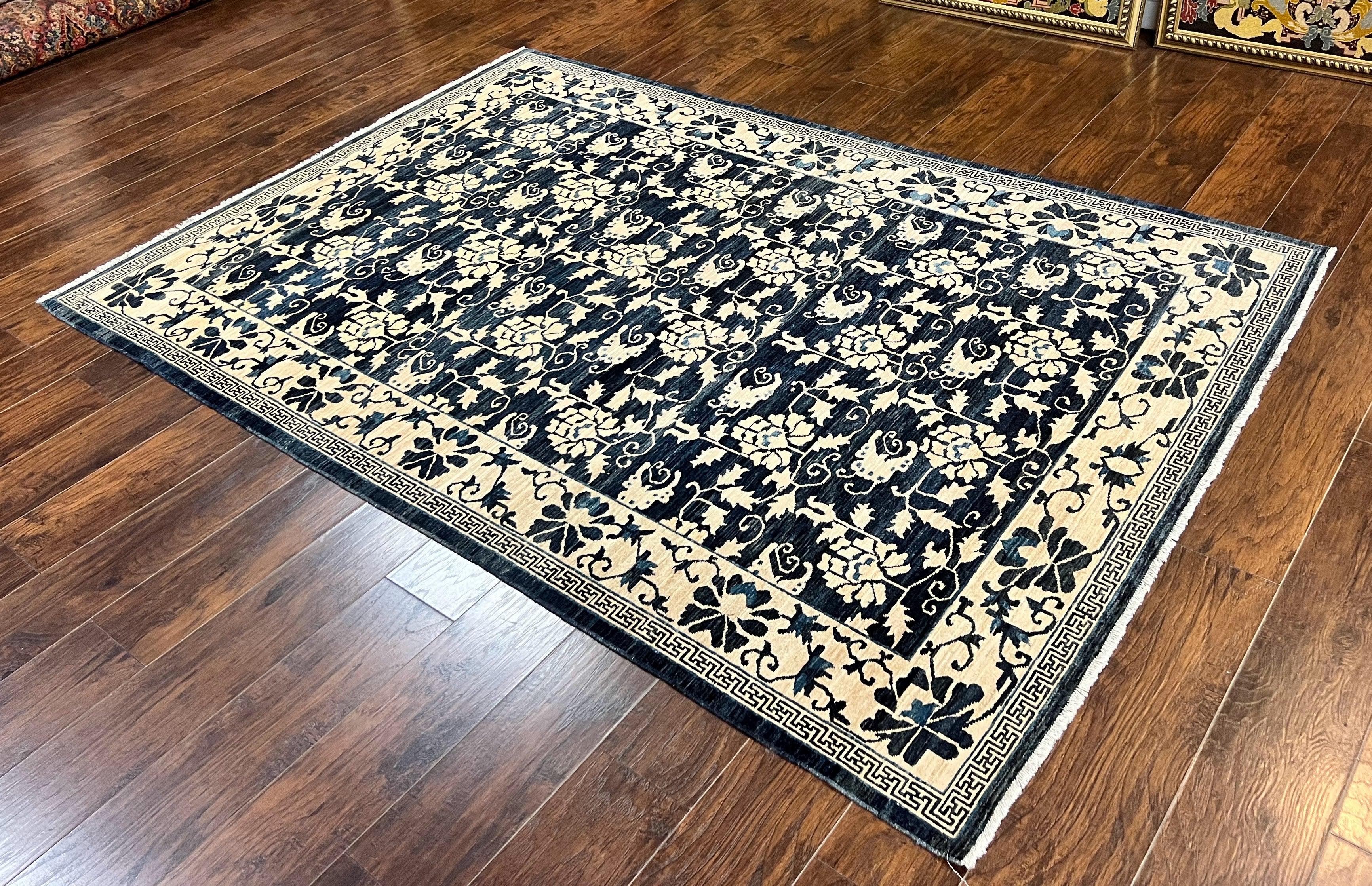 Sino Persian Rug 6x9, Hand Knotted Wool Carpet, Floral Allover, Blue Cream-Tan