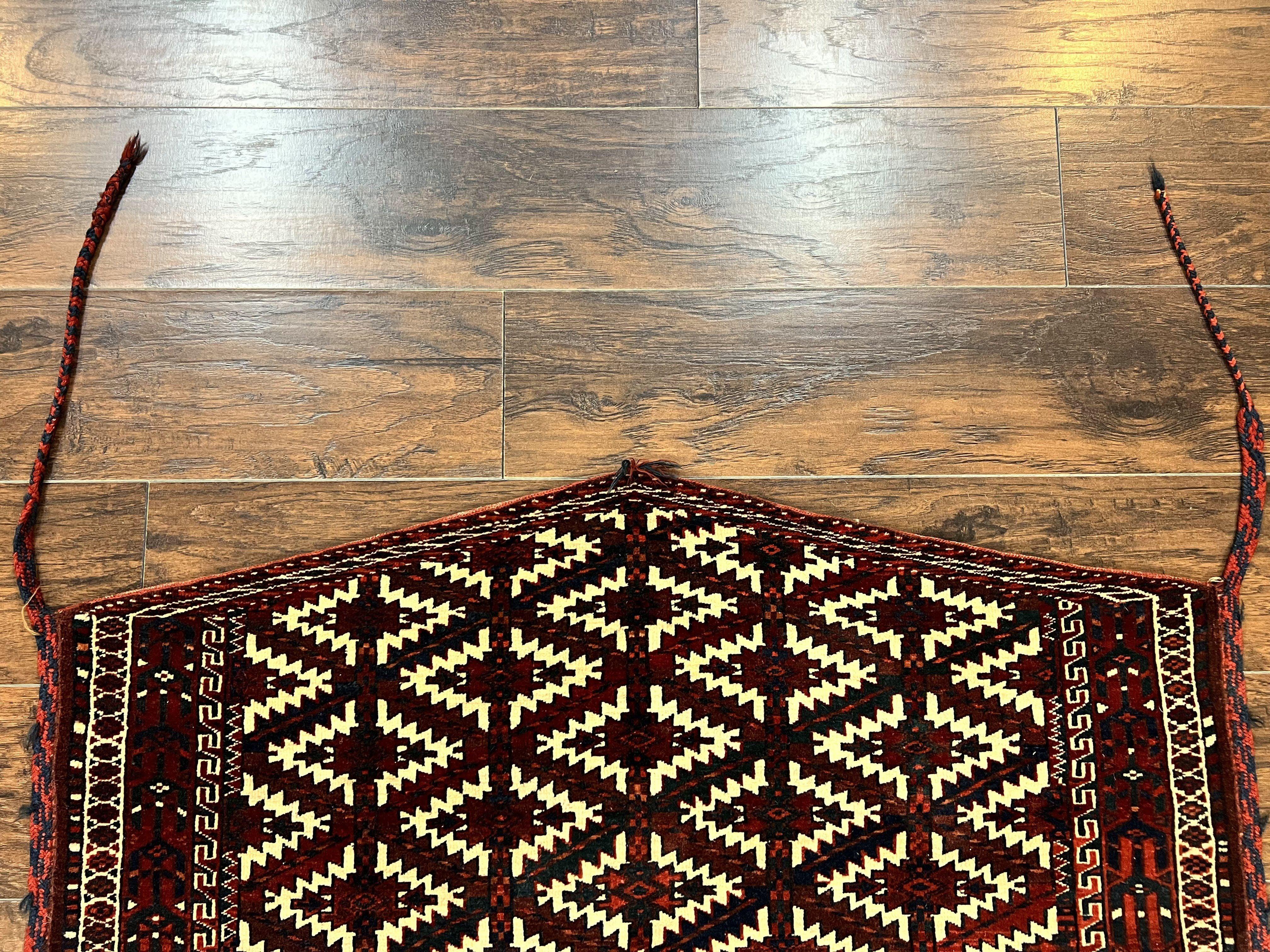 Antique Turkoman Camel Trapping, Turkoman Asmalyk, Red Black Ivory, Handmade, Hand Knotted Tribal Collectible Rug, Rare