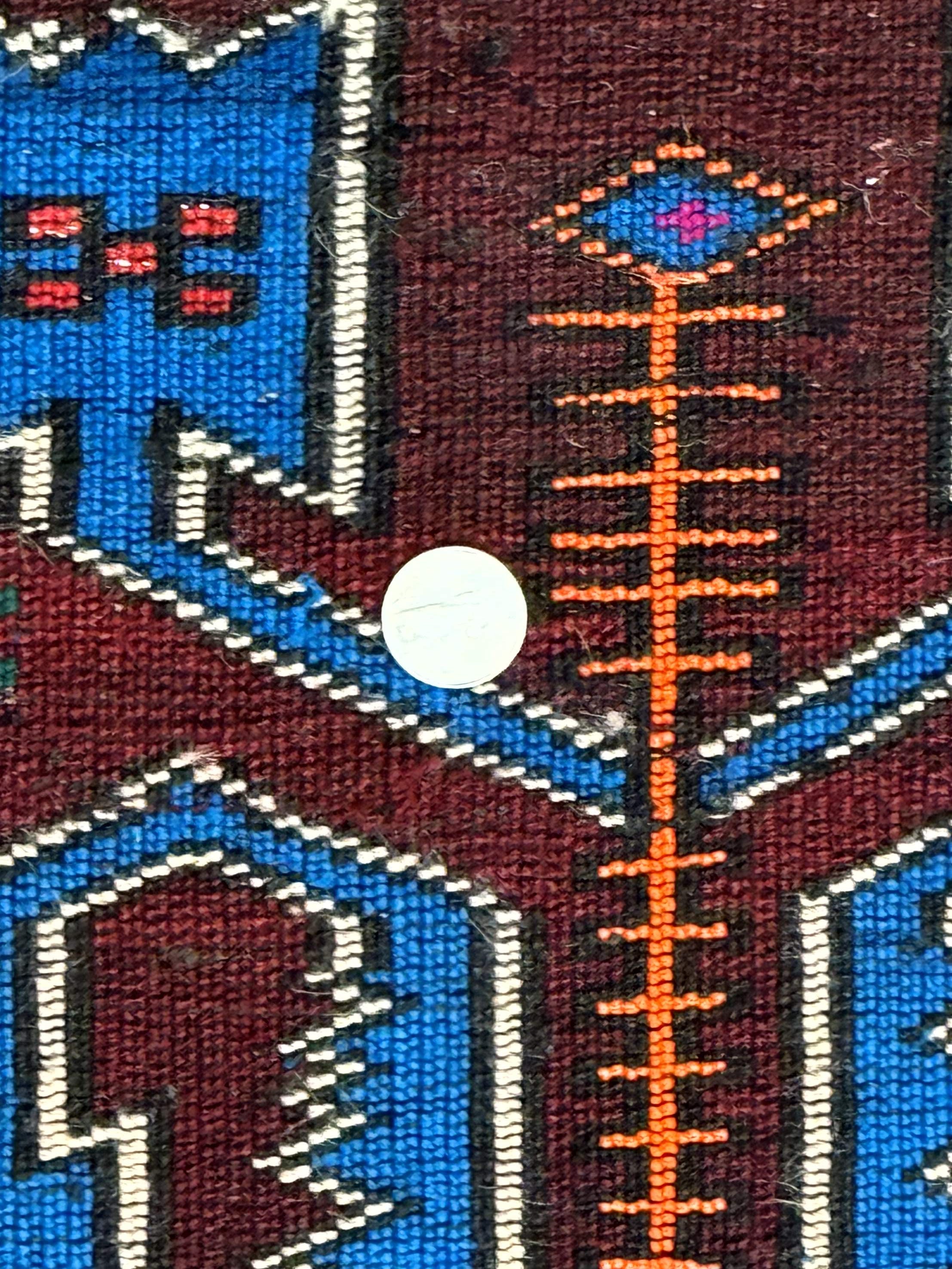 Persian Tribal Rug 1.8 x 2, Small Balouchi Rug, Unique Design, Burgundy and Blue
