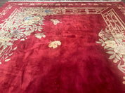 Palace Size Chinese Wool Rug 12x18, Red Art Deco Chinese Carving Carpet, Butterflies Flowers