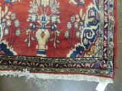 Persian Runner Rug 3 x 12, Antique Wool Oriental Runner, Floral Vases, Red & Navy Blue