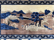Antique Chinese Pictorial Rug 2.7 x 5, Chinese Village and Hills Carpet, Beige and Dark Blue, Handmade, Horizontal Rug Wall Hanging Tapestry