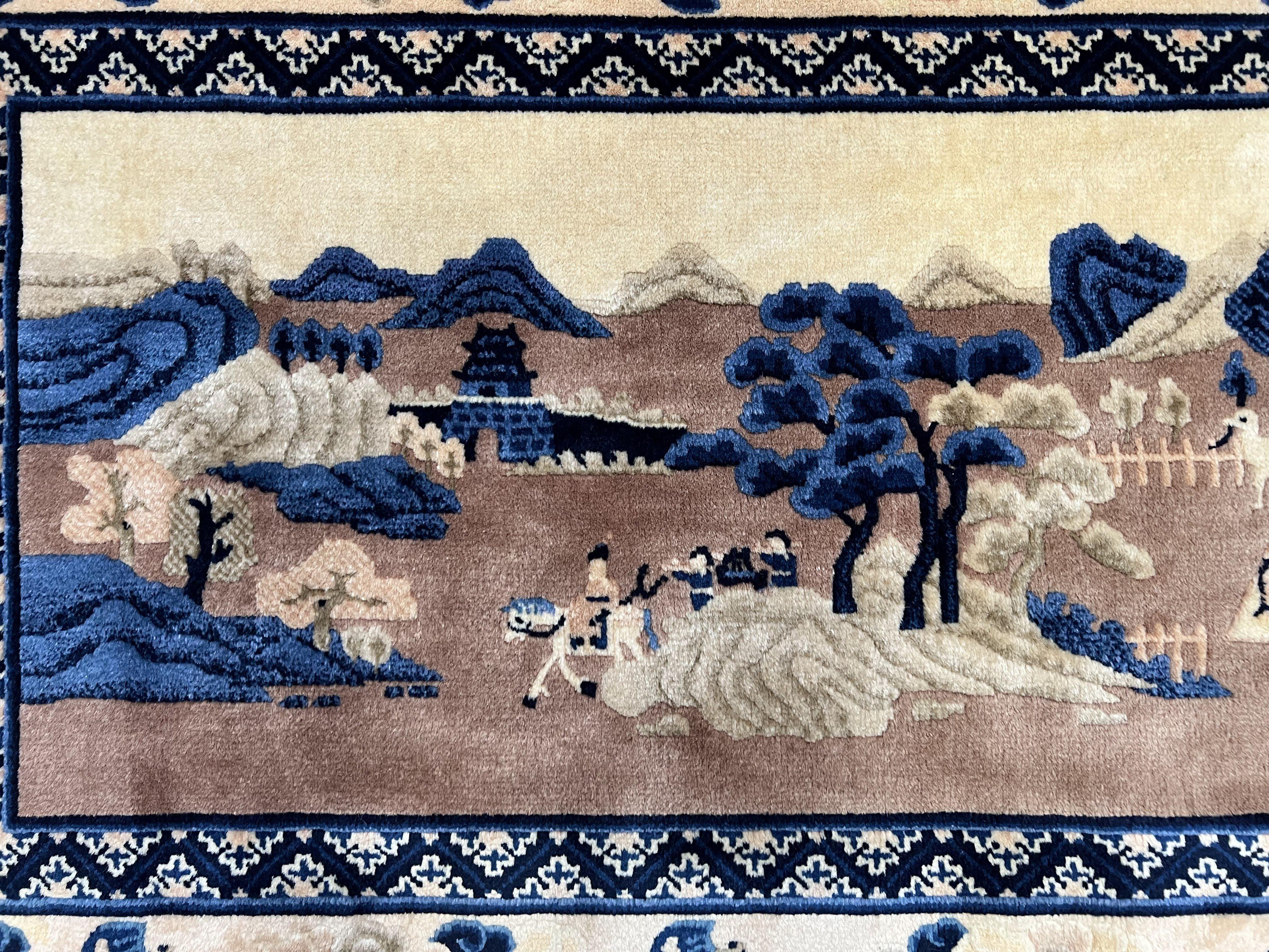 Antique Chinese Pictorial Rug 2.7 x 5, Chinese Village and Hills Carpet, Beige and Dark Blue, Handmade, Horizontal Rug Wall Hanging Tapestry