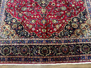 Traditional Persian Rug 8x11, Red Navy Blue, Floral Medallion, Antique Persian Mashad Carpet, Wool