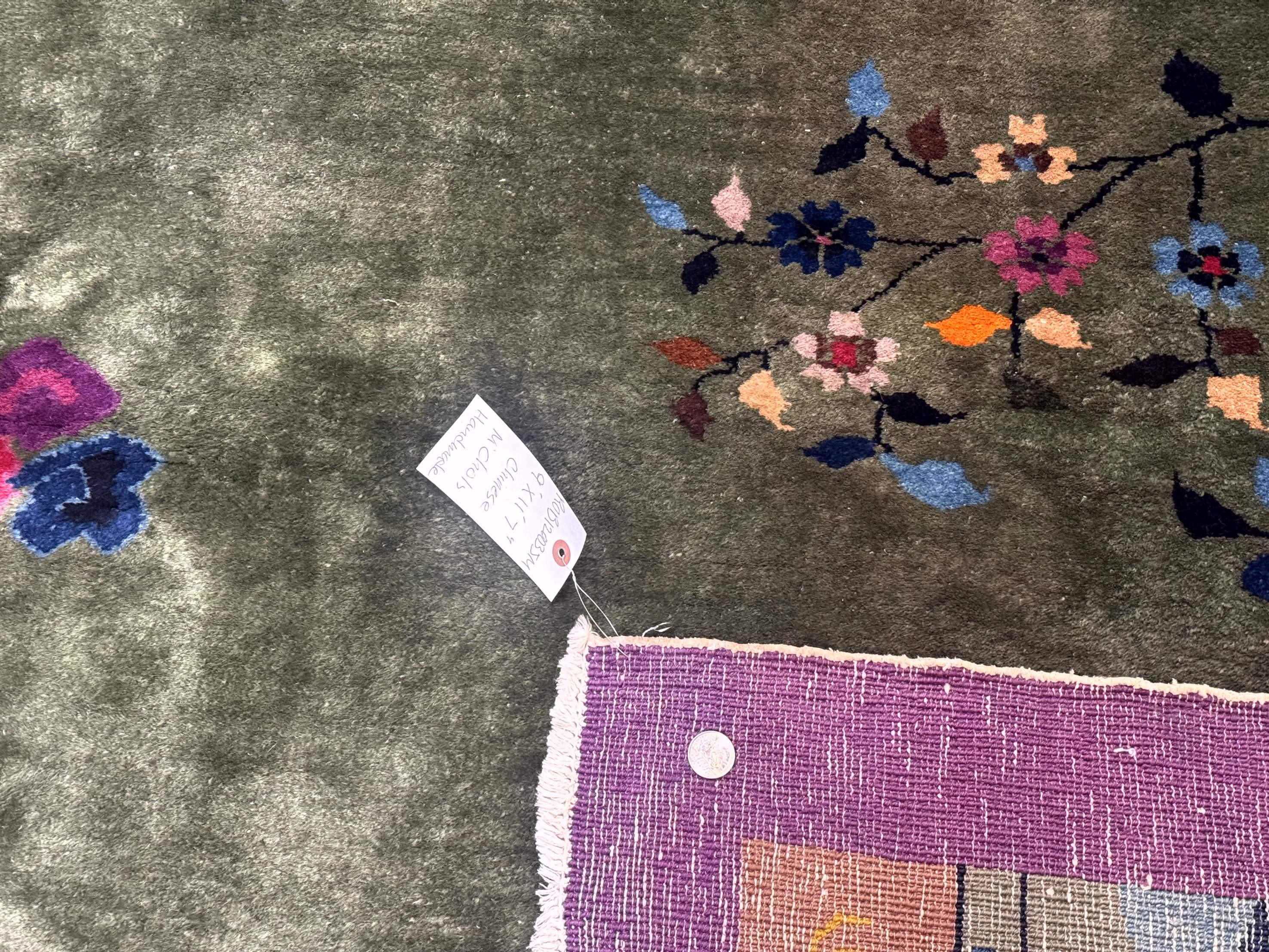 Antique Chinese Nichols Rug 9x12 - Rare Green and Purple Art Deco Carpet