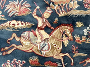 Turkish Silk Hunting Design Rug 4x6, Dark Steel Blue & Ivory, Bamboo Silk, New