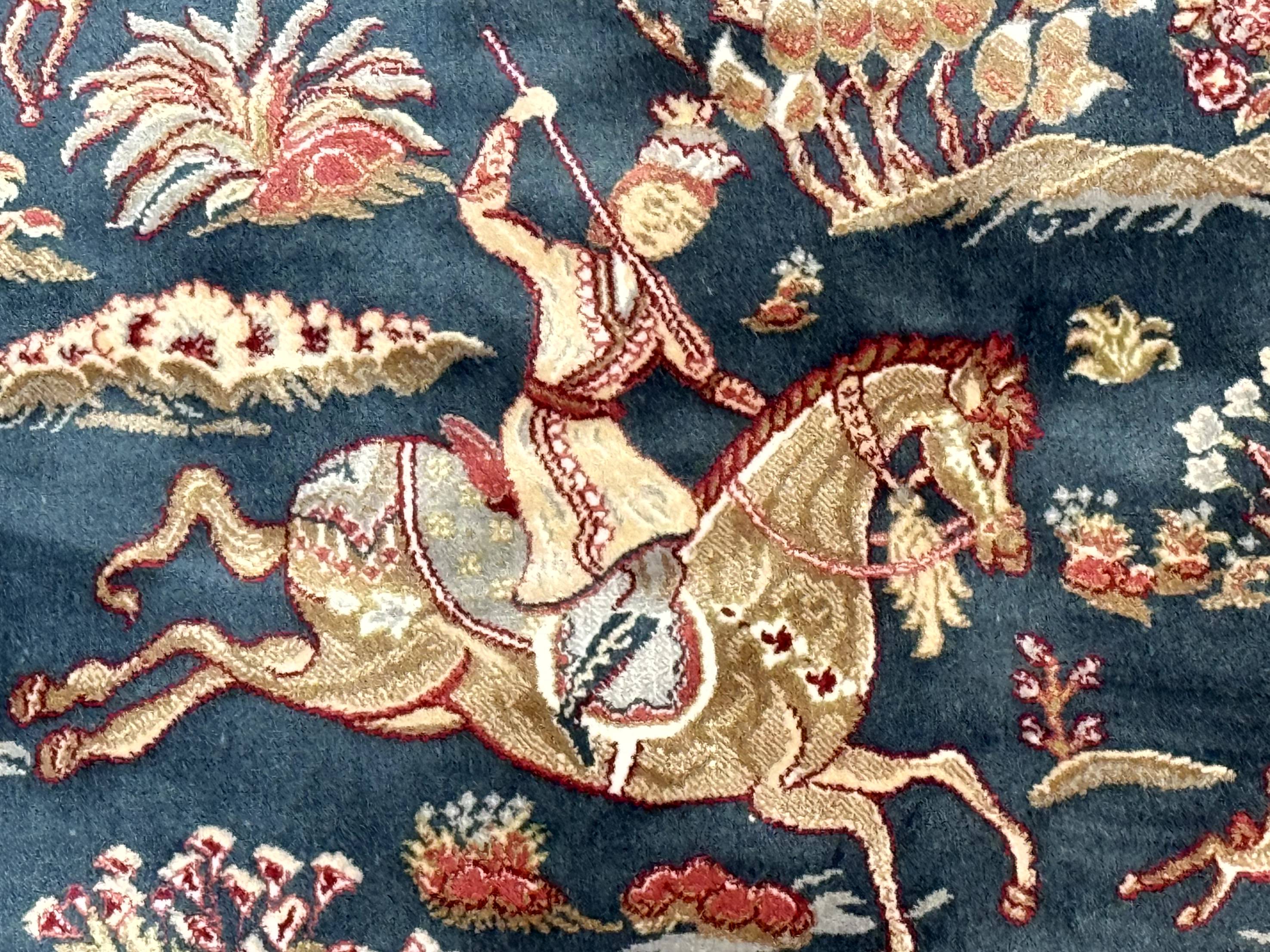 Turkish Silk Hunting Design Rug 4x6, Dark Steel Blue & Ivory, Bamboo Silk, New