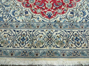 Square Persian Nain Rug 6'3" x 6' 8", Hand-Knotted, Wool with Silk Accents, Ivory Red Blue