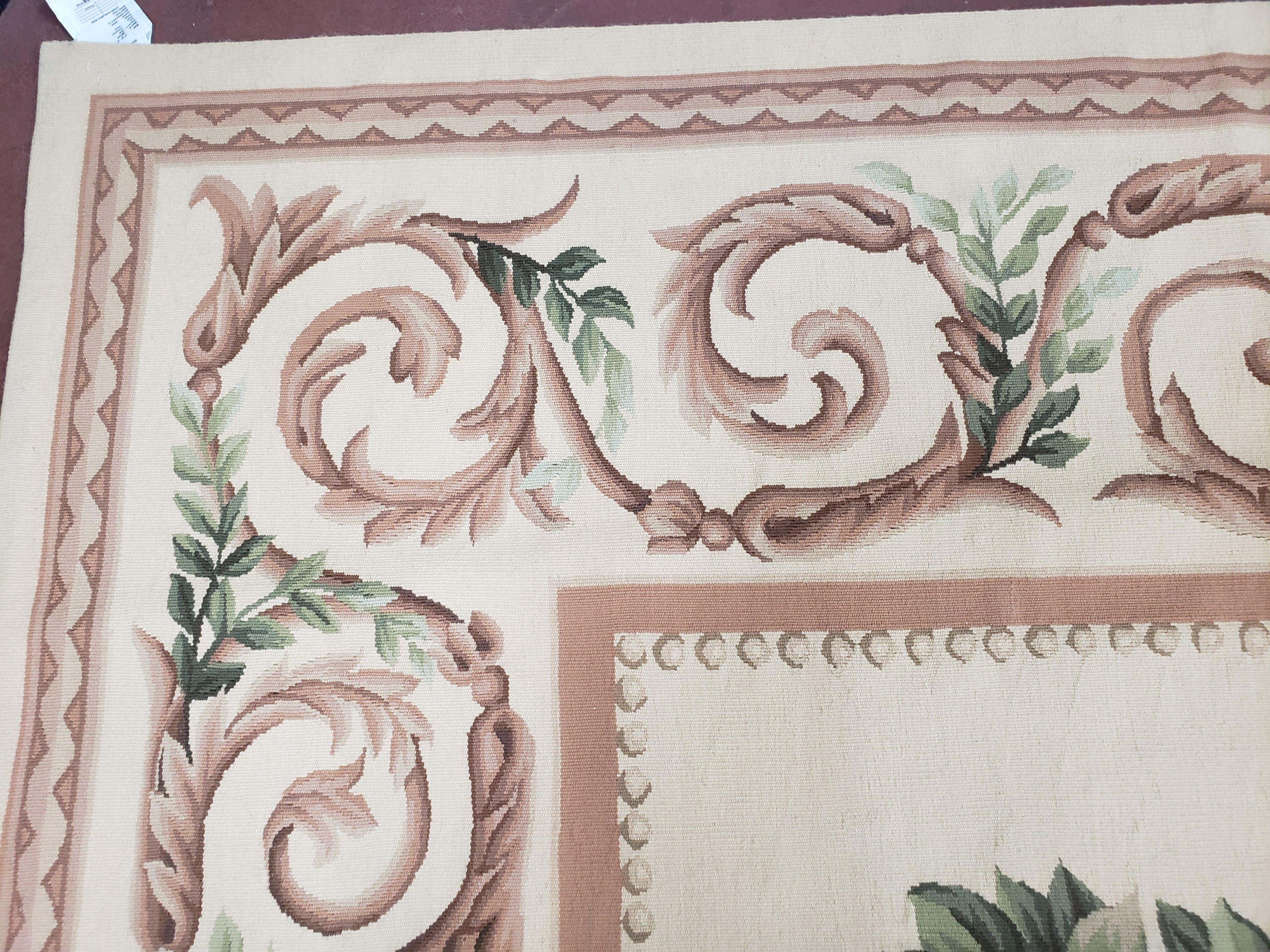 Elegant Aubusson Rug 10 x 14, Cream and Ivory Simple Aubusson Floral Carpet, Hand-Woven, European, New Aubusson Rug, Wool Area Rug, Violins