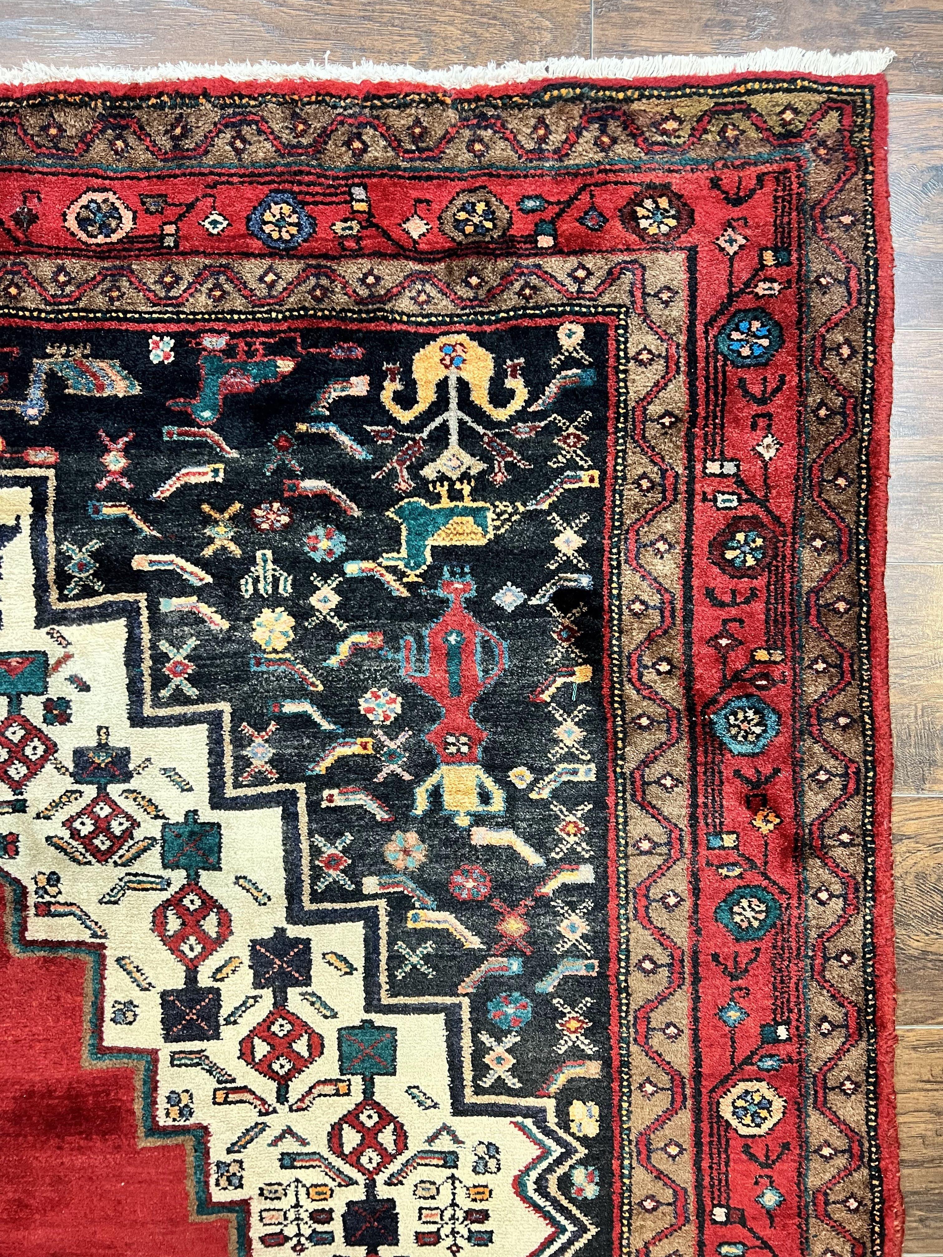 Persian Rug 5x12 ft, Red Cream Navy Blue, Pictorials, Hand Knotted Handmade Wide Runner Tribal Bidjar Semi Antique Wool Geometric Oriental Rug