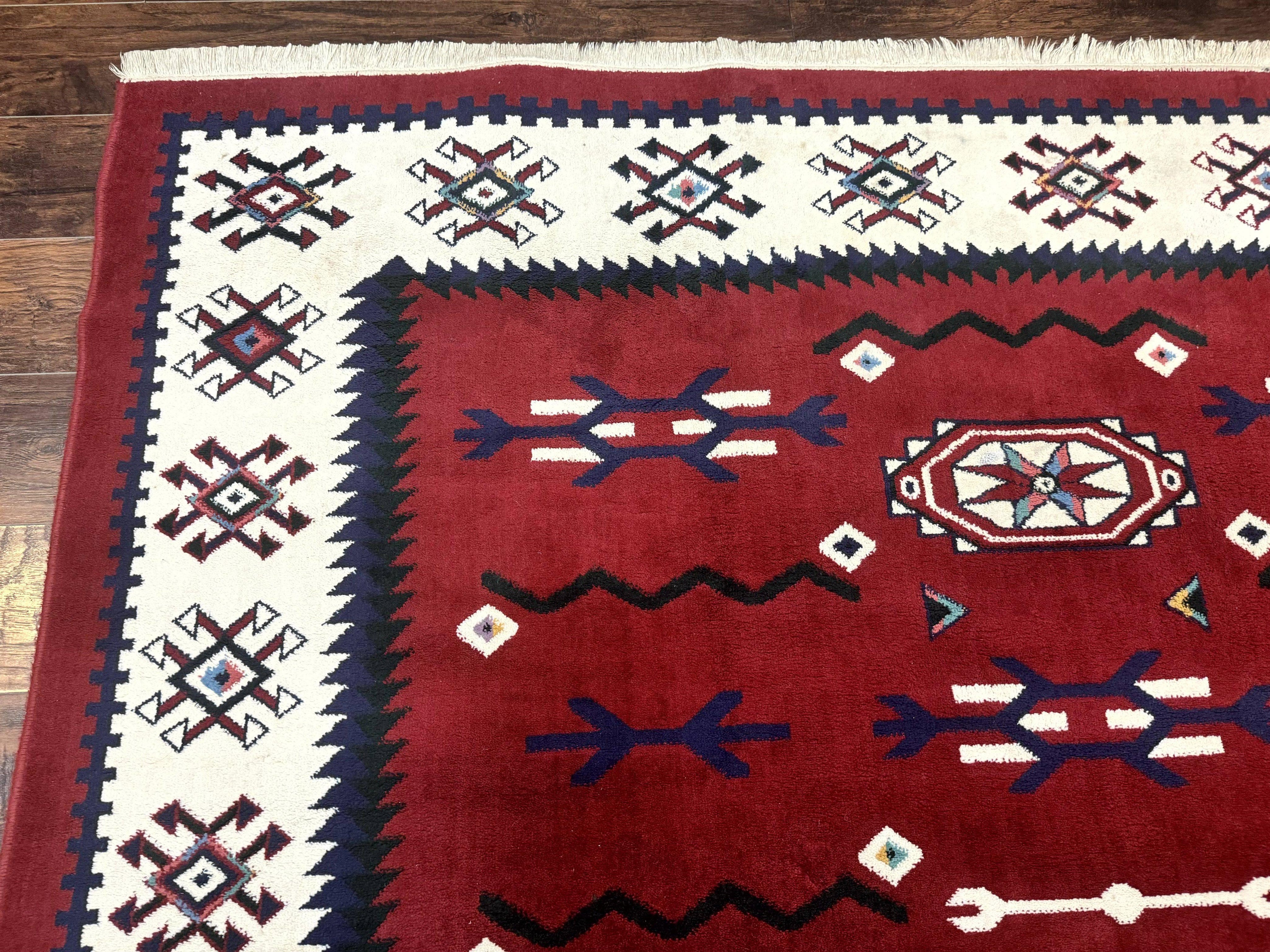 Belgium Power Loomed Rug 8x11, Navajo Native American Design, Dark Red and Ivory, Tribal Rug, Bohemian Carpet