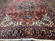 Antique Persian Heriz Rug 8x11, Geometric Tribal Wool Carpet, Brick Red