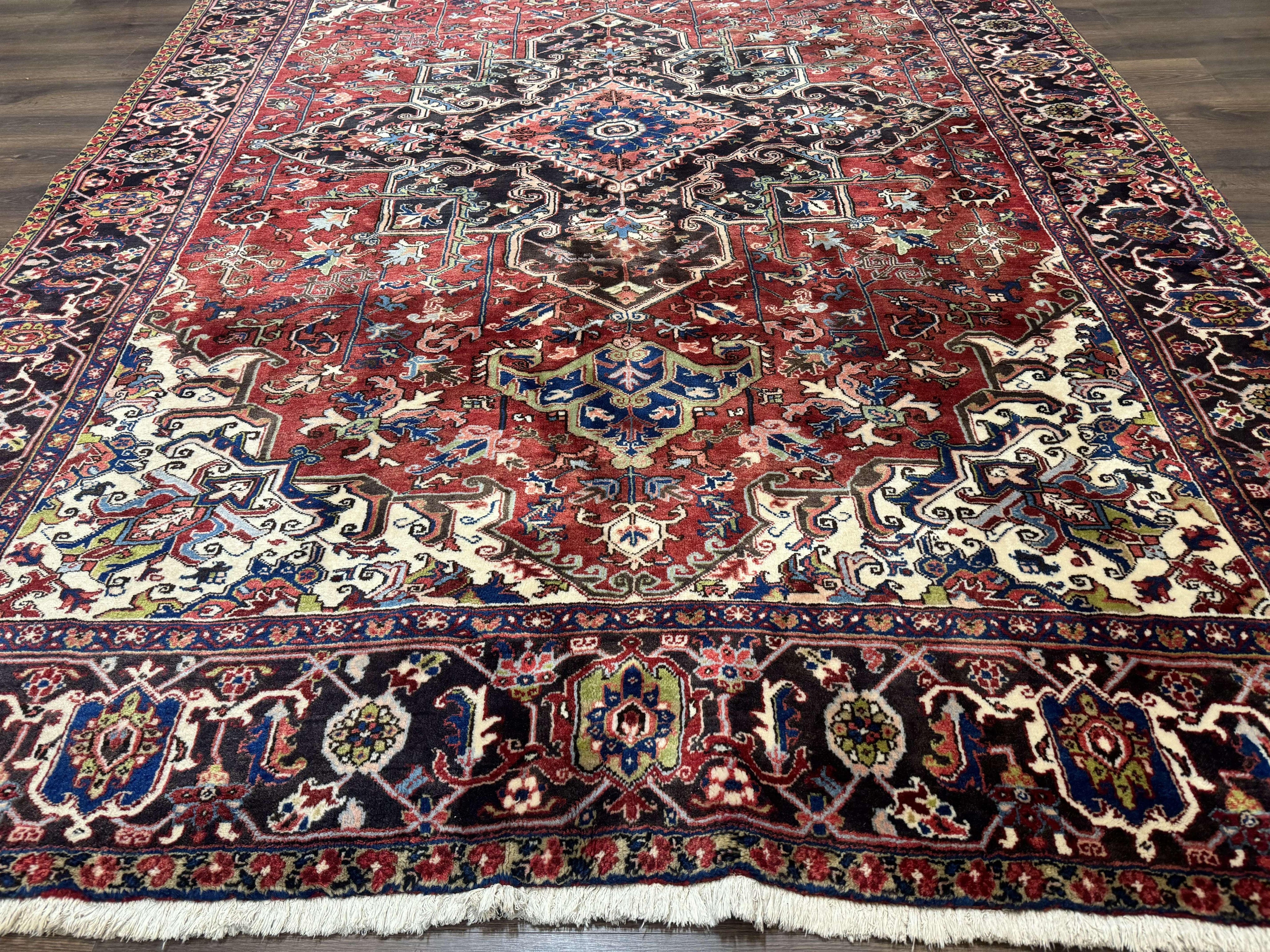 Antique Persian Heriz Rug 8x11, Geometric Tribal Wool Carpet, Brick Red