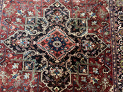Antique Persian Heriz Rug 8x11, Geometric Tribal Wool Carpet, Brick Red