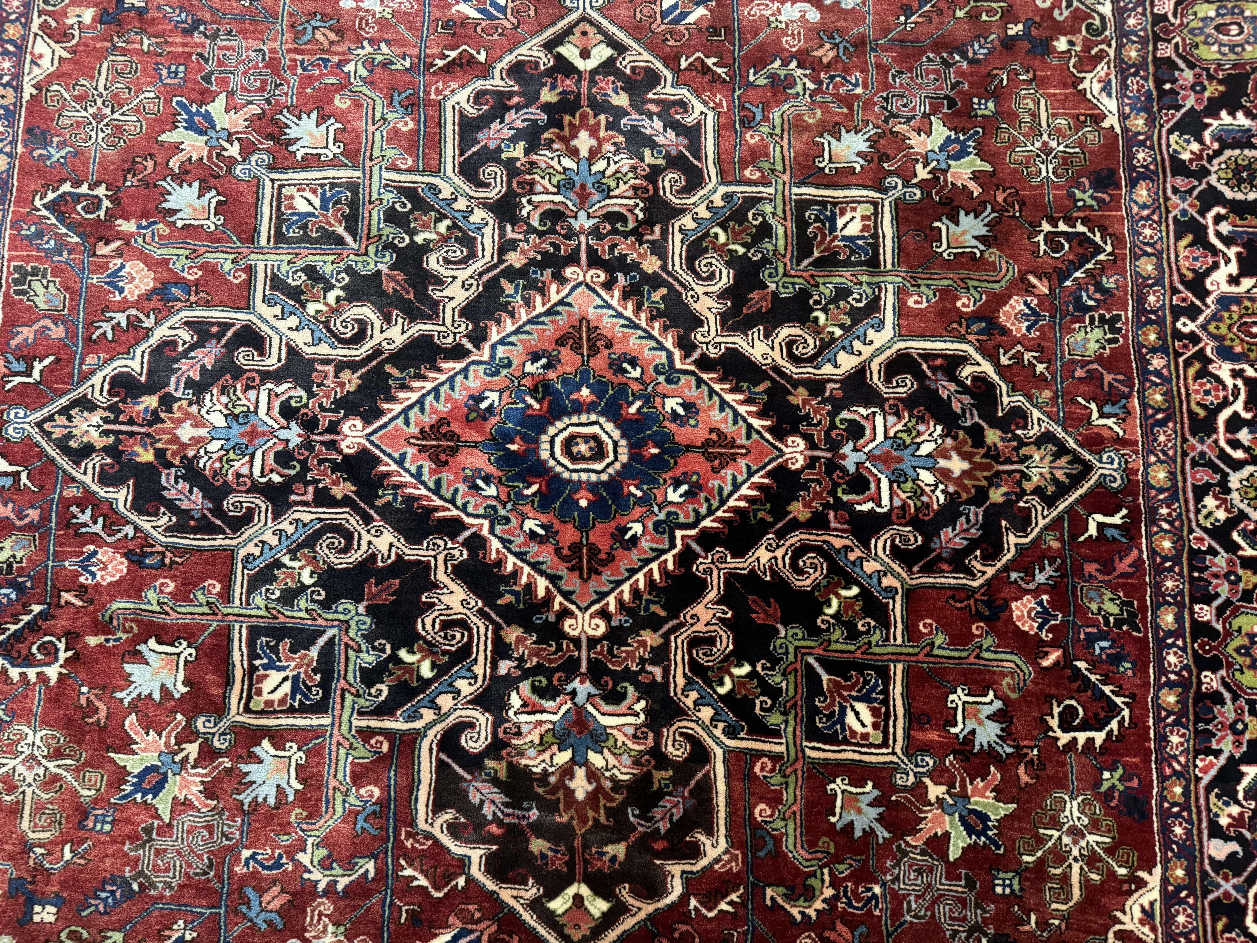 Antique Persian Heriz Rug 8x11, Geometric Tribal Wool Carpet, Brick Red