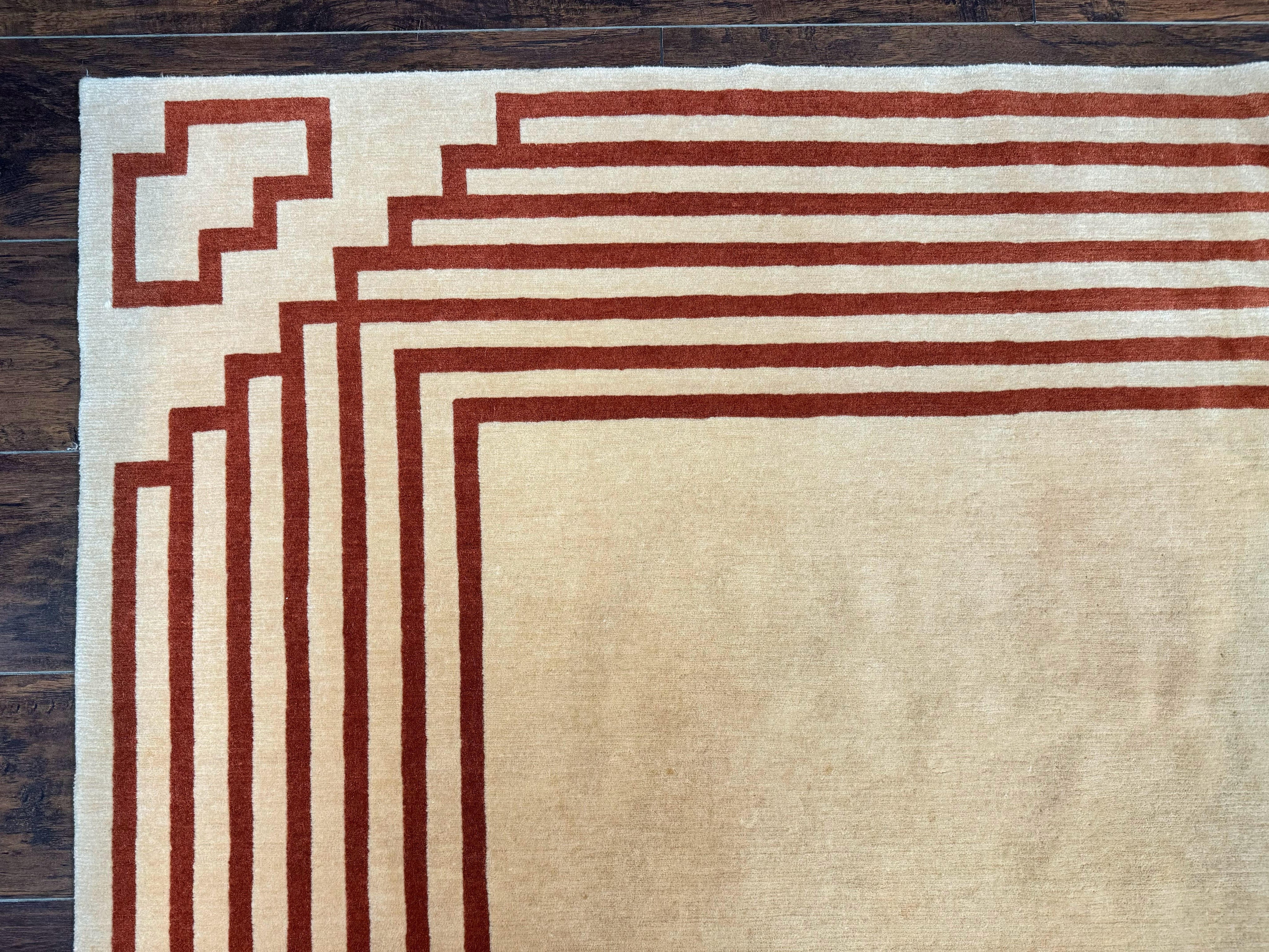 Modern Tibetan Rug 11 x 14.6, Wool and Silk, Simple Design, Handmade Large Area Rug, Cream